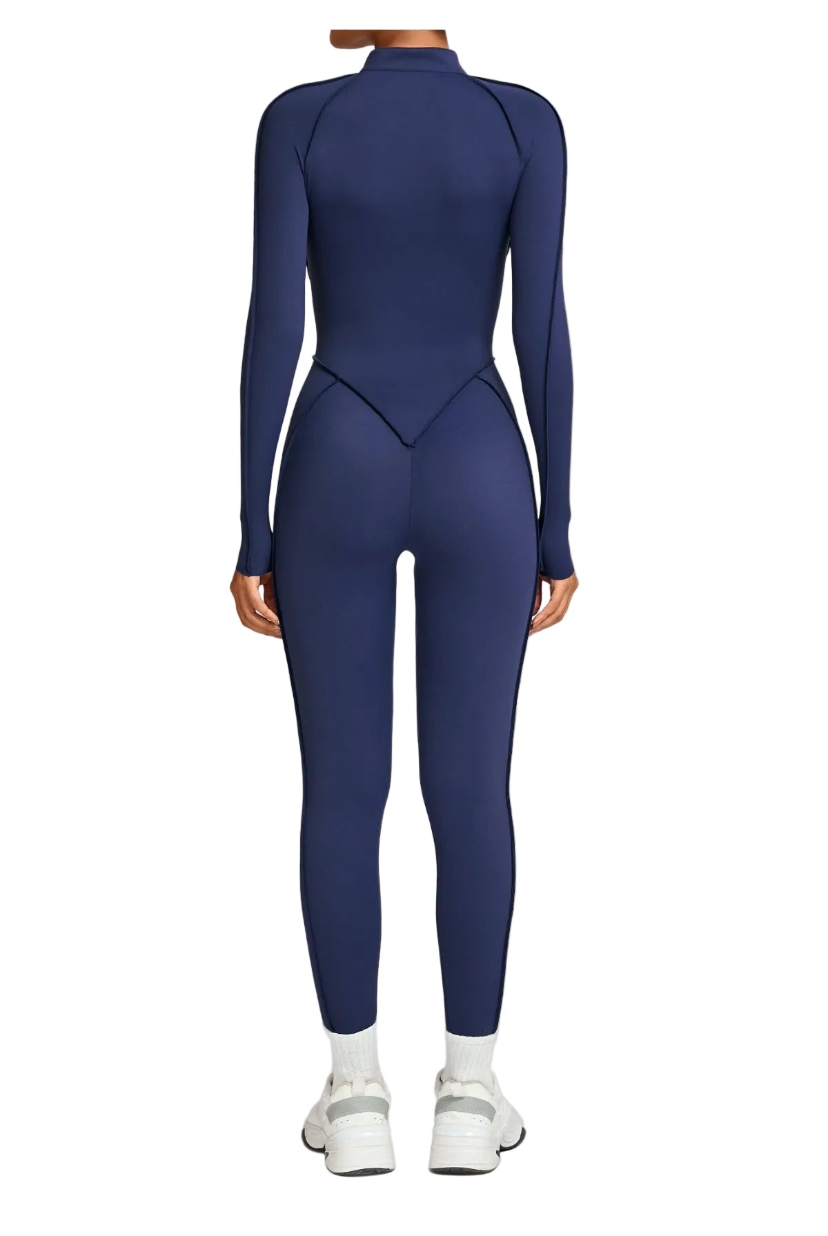 Navy blue full-body suit worn by a person on a light gray background