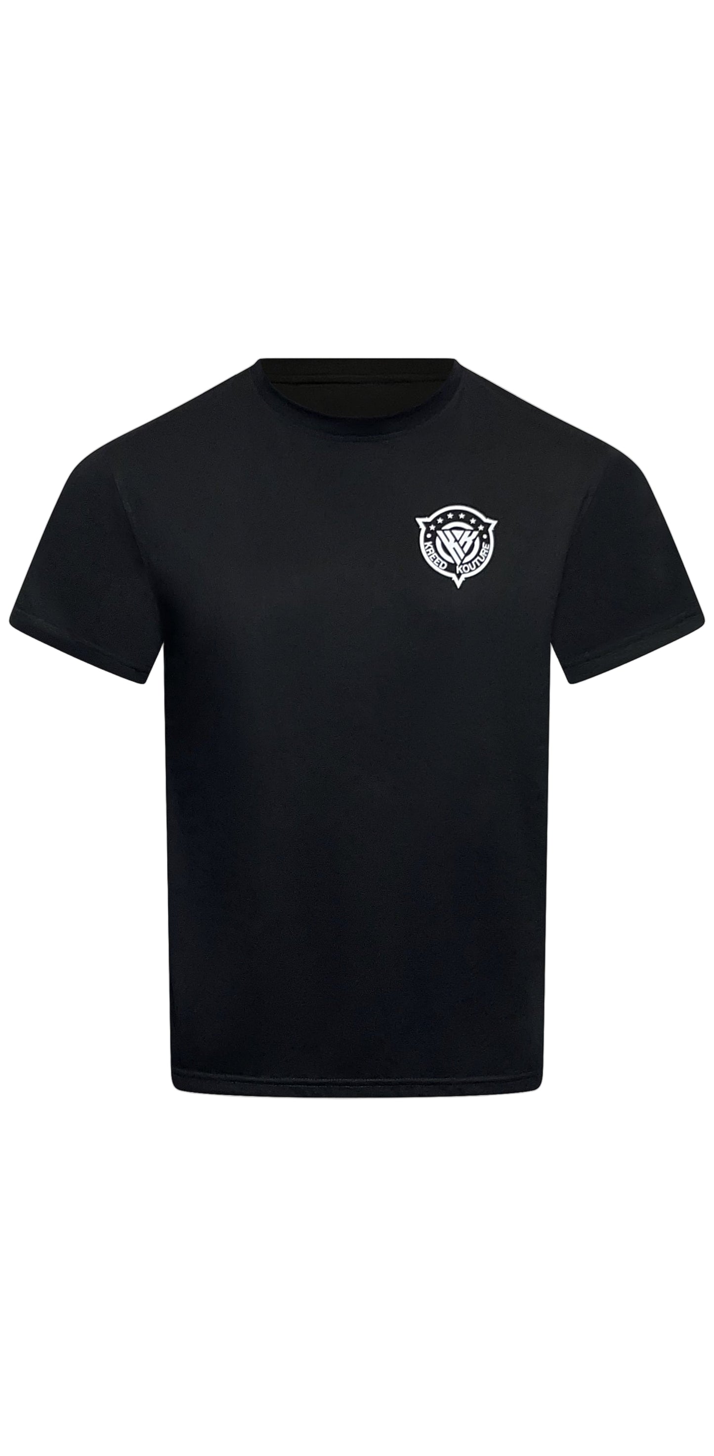 Black t-shirt with a white logo on a white background
