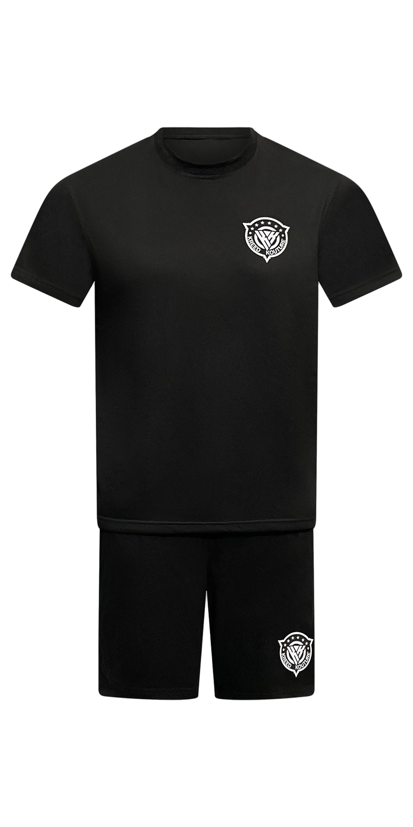 Black t-shirt and shorts set with a logo on a white background
