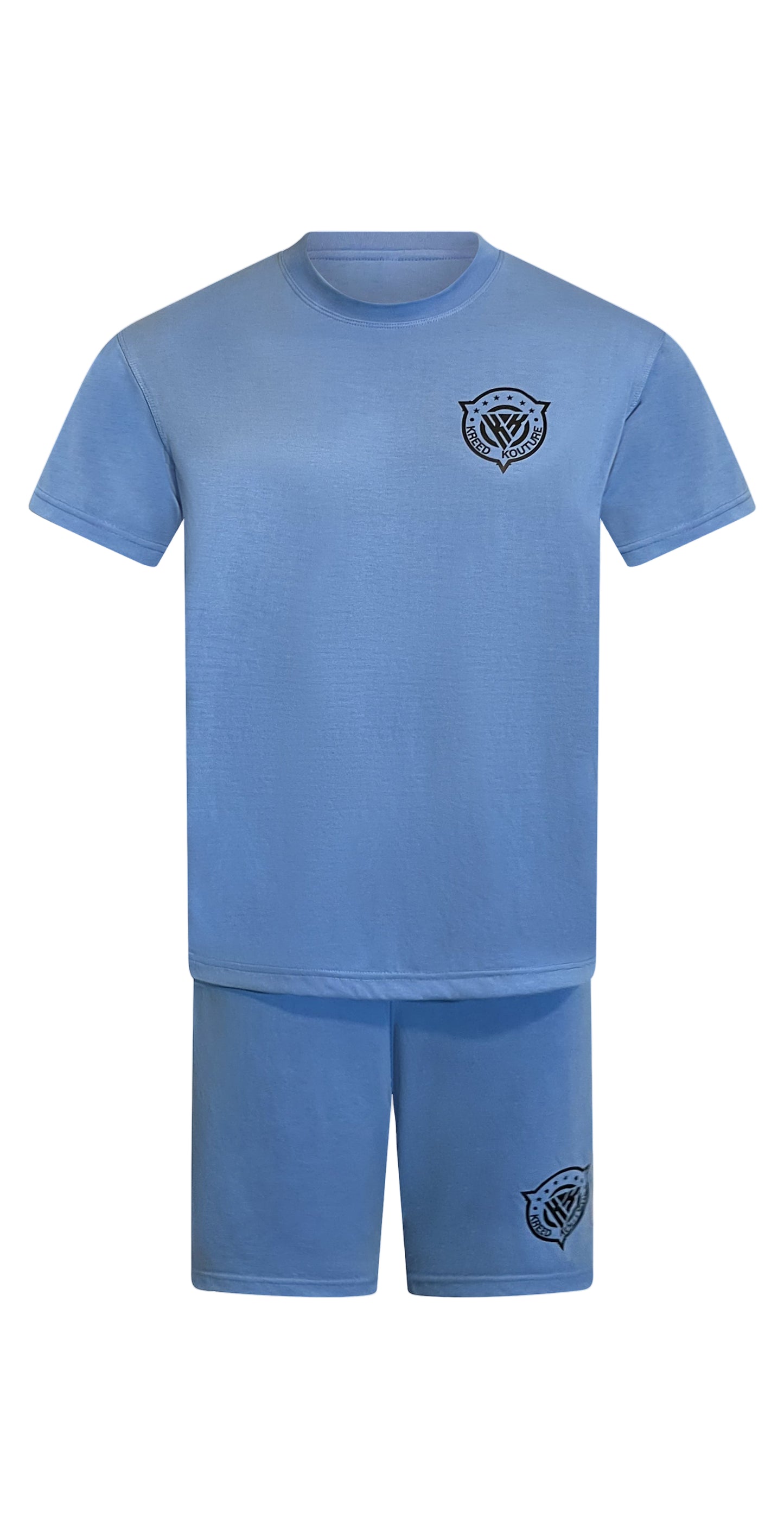 Blue t-shirt and shorts set with a logo on a white background