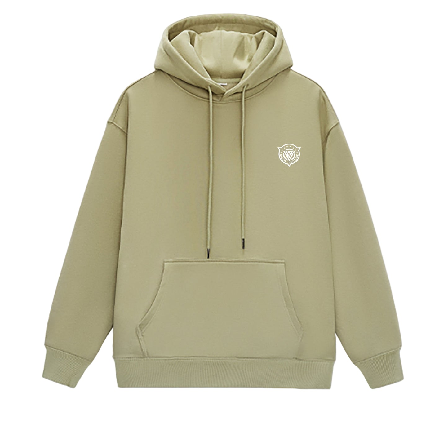 Khaki hoodie with a small logo on a light gray background