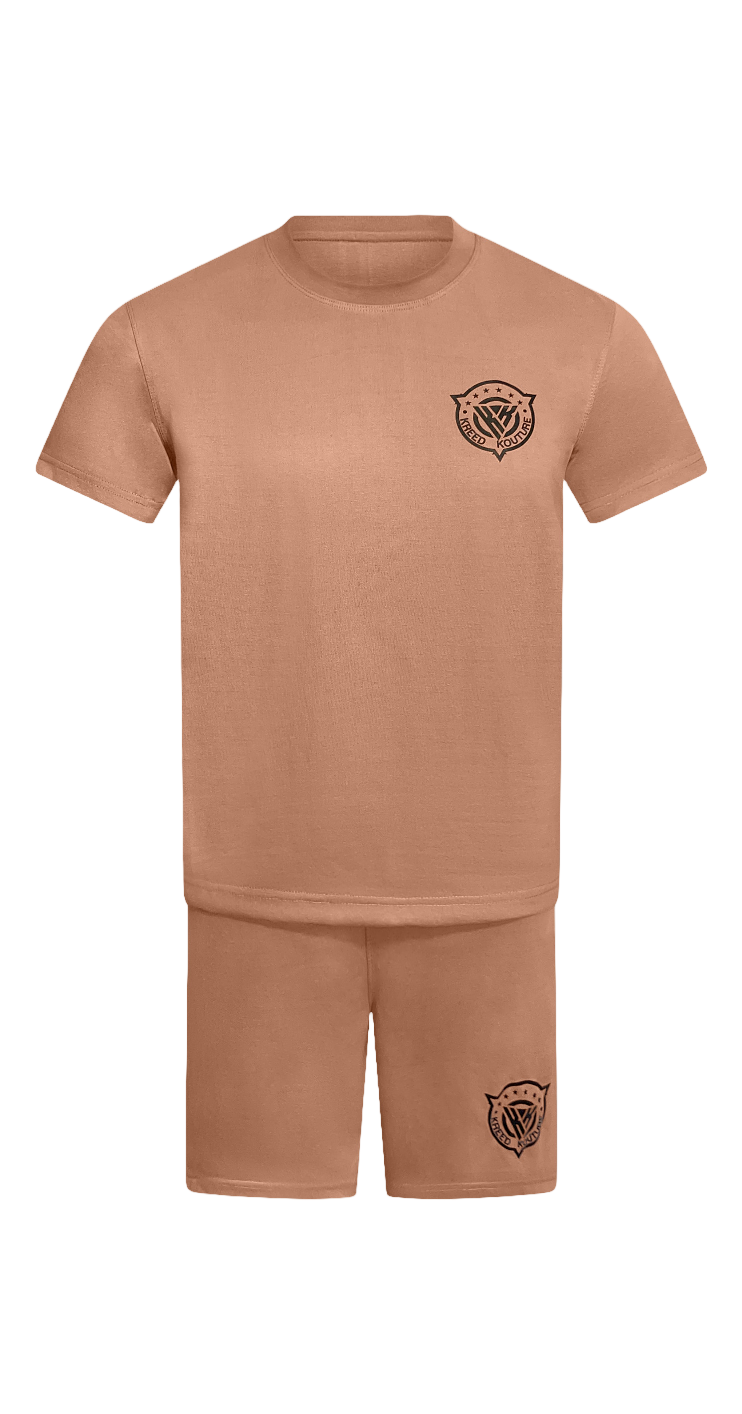 Brown t-shirt and shorts set with a logo on a white background