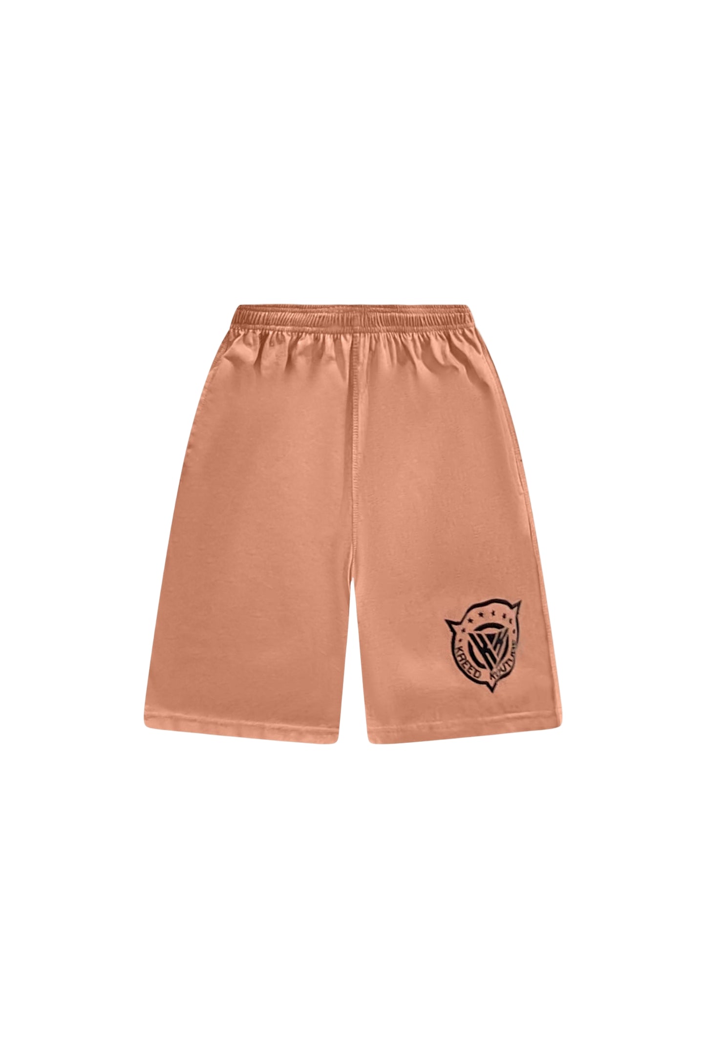 Coral shorts with a logo on a white background