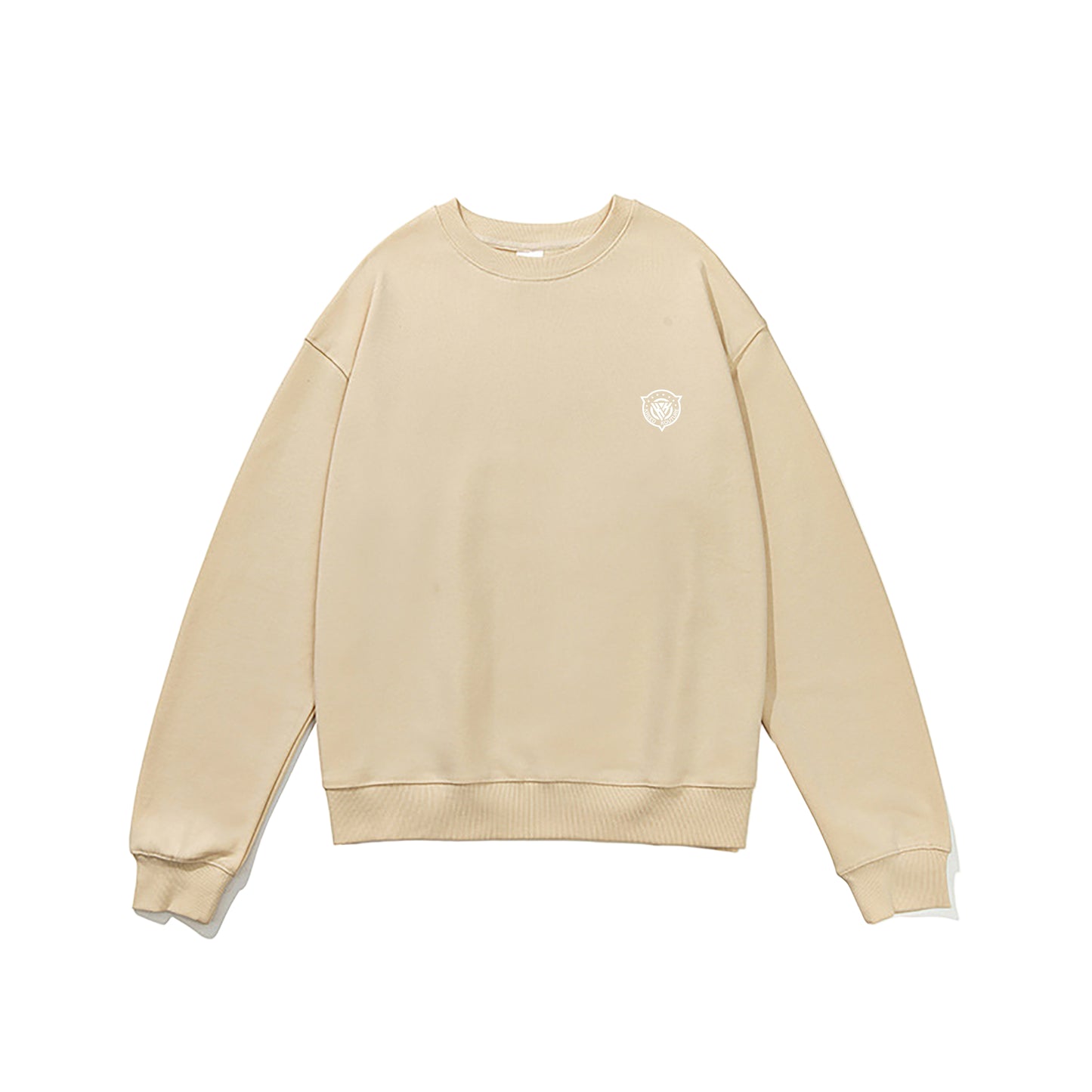 Beige sweatshirt with a small logo on a white background