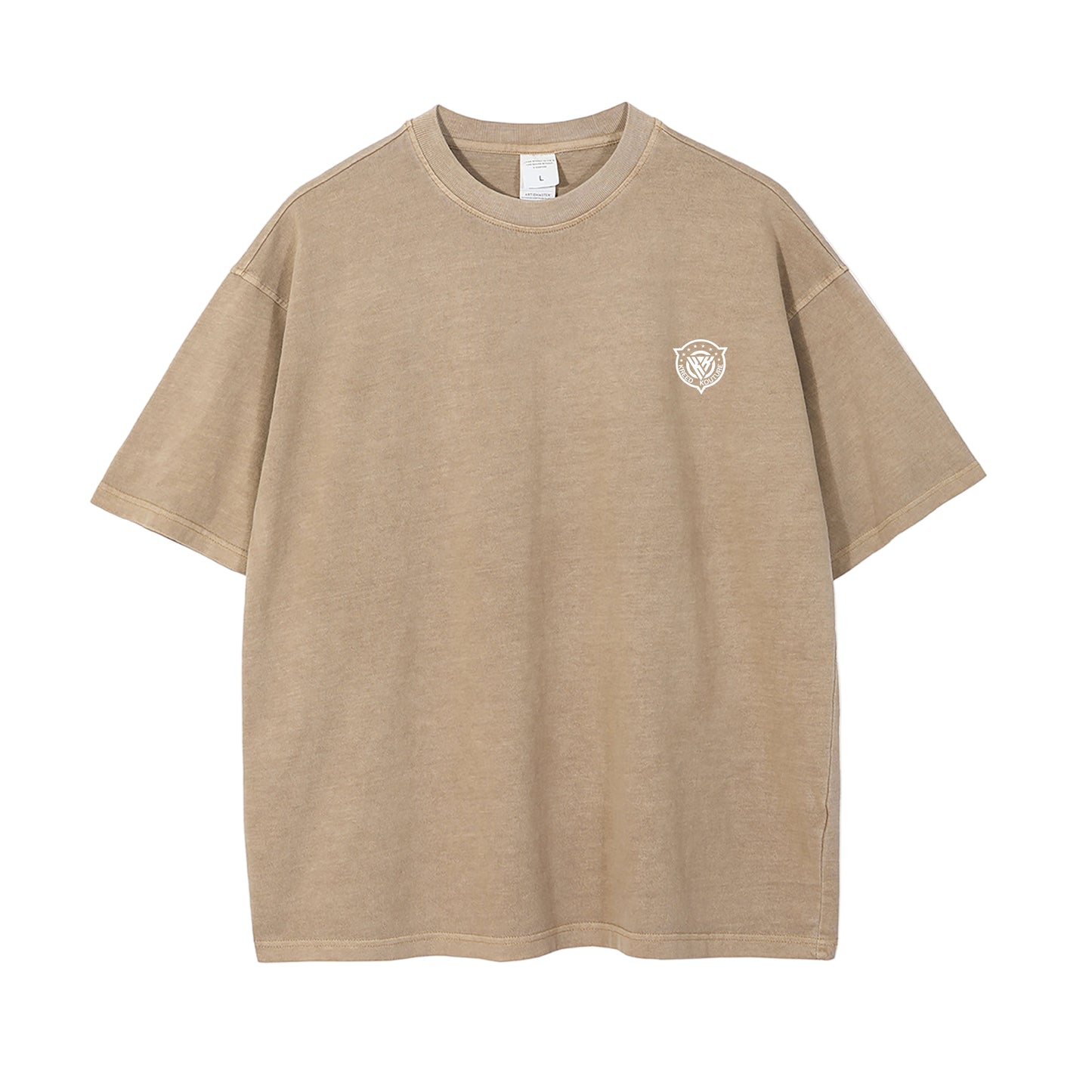 Beige t-shirt with a small logo on a white background