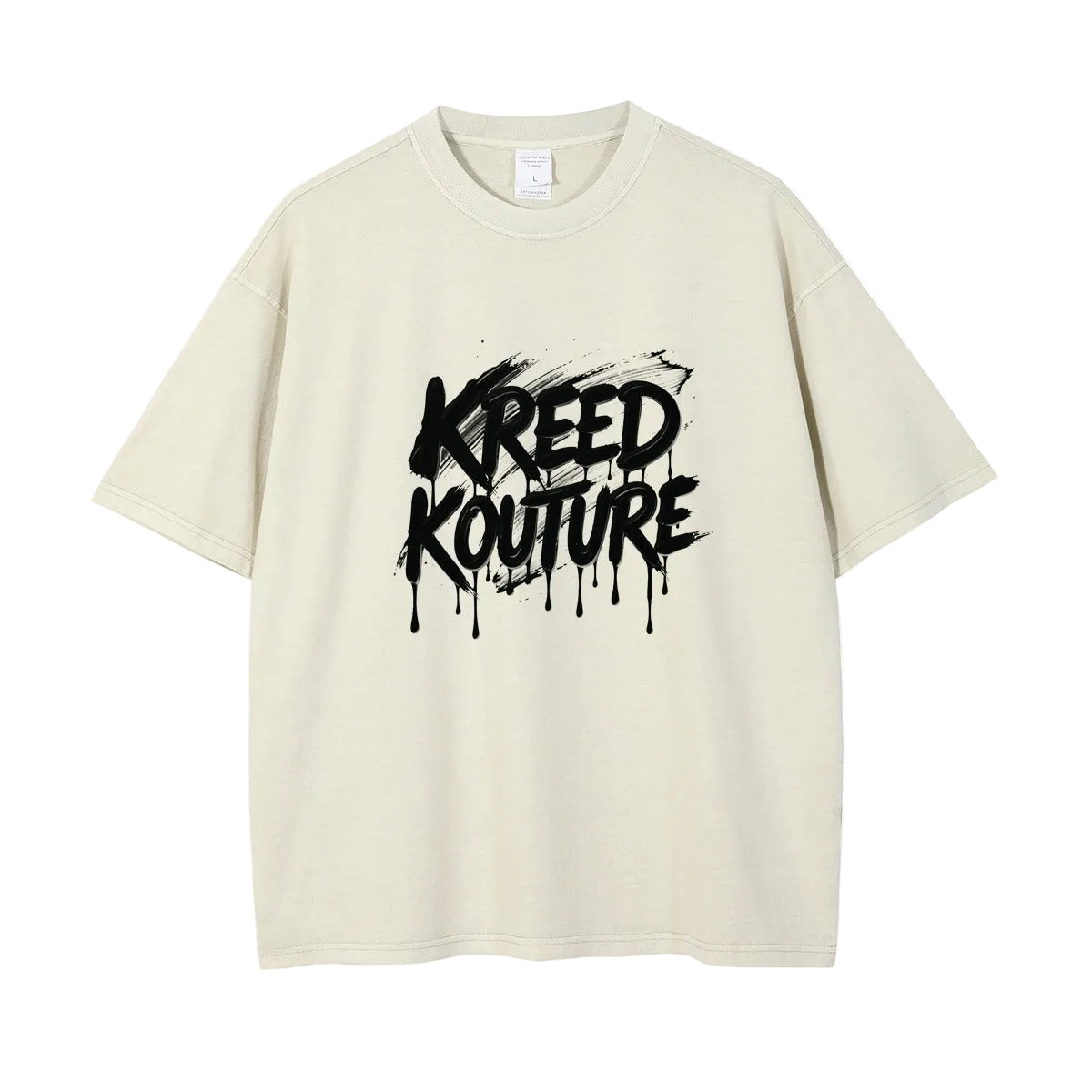 Beige t-shirt with 'Kreed Kouture' graphic design on a white background