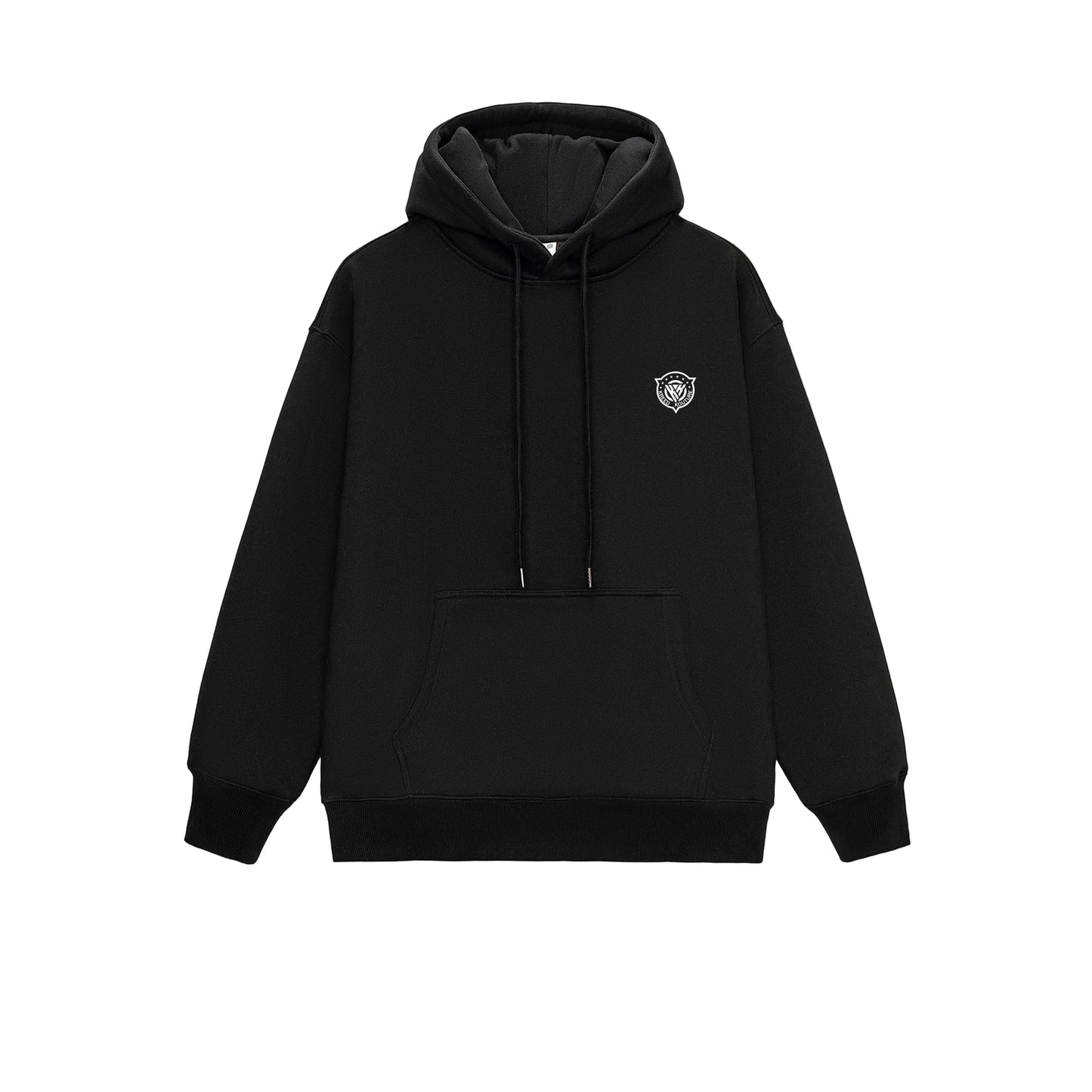 Black hoodie with a small logo on the chest against a light gray background