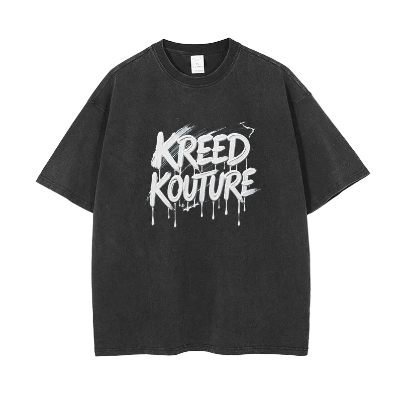 Black t-shirt with 'Kreed Kouture' text on a white background