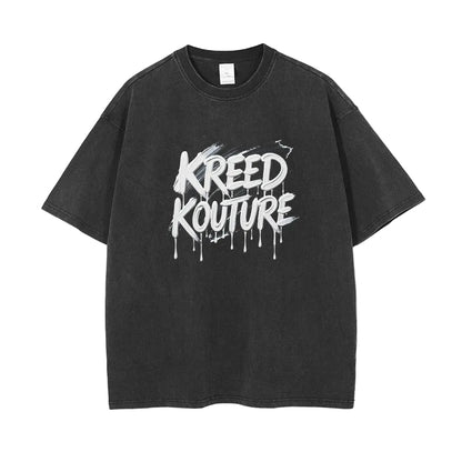 Black t-shirt with 'Kreed Kouture' text on a white background