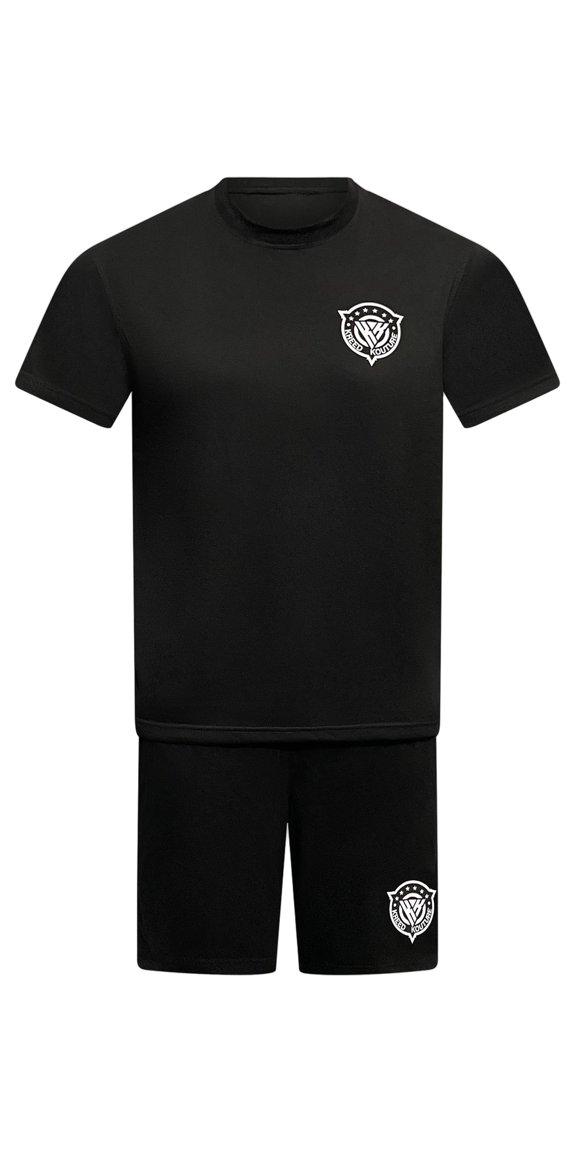 Black t-shirt and shorts set with a logo on a white background