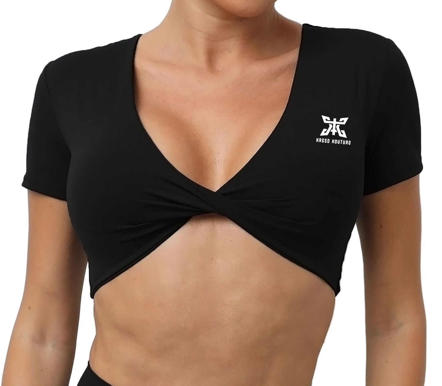 Black crop top with a brand logo on a plain background