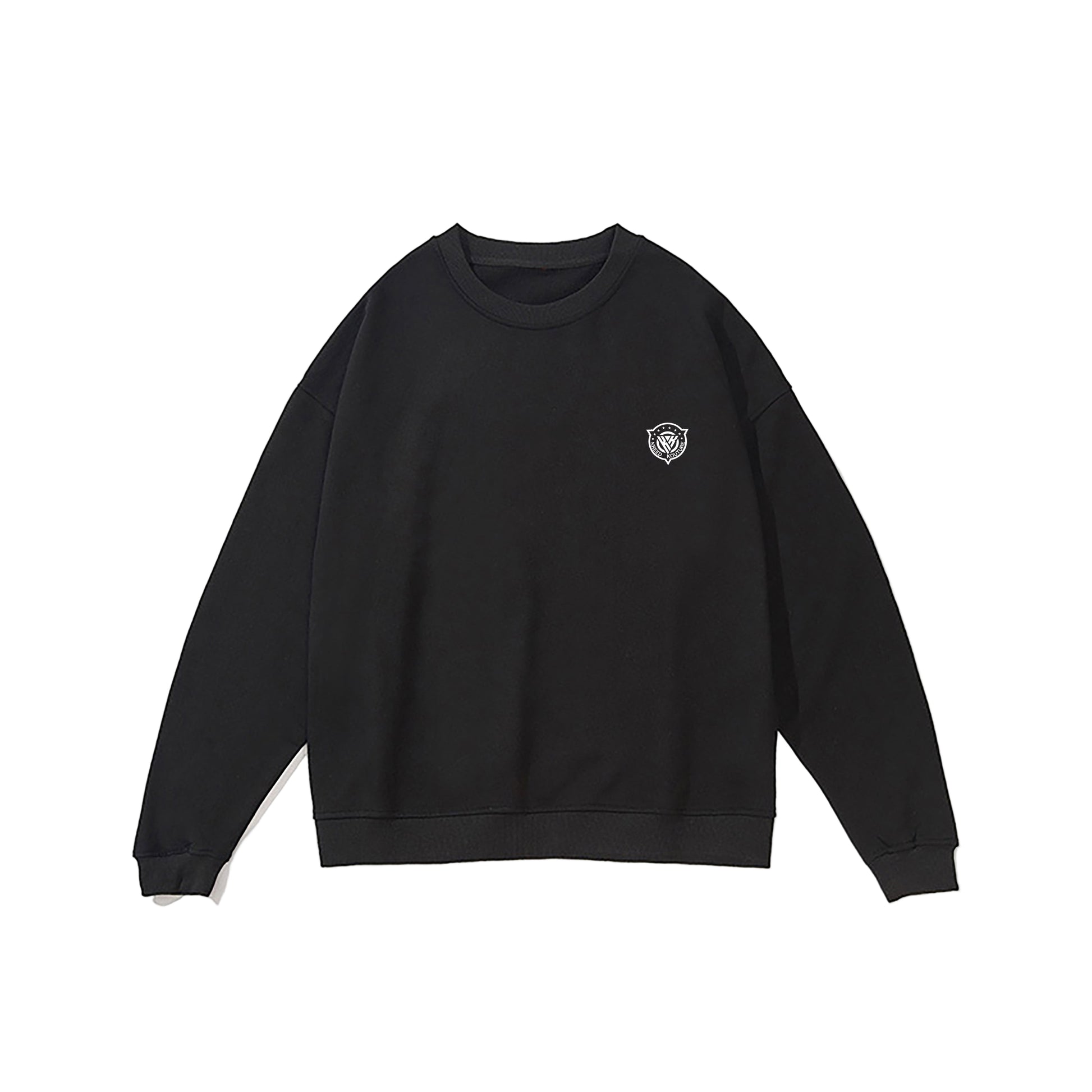 Black sweatshirt with a small logo on a white background