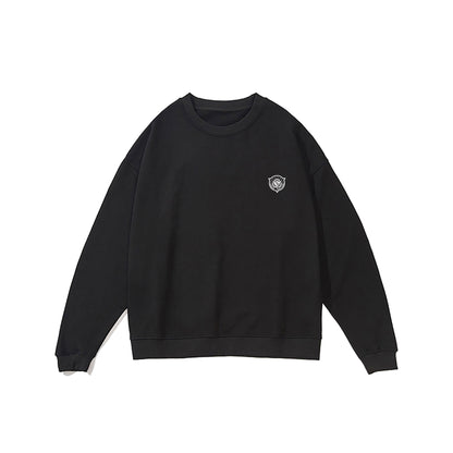 Black sweatshirt with a small logo on a white background