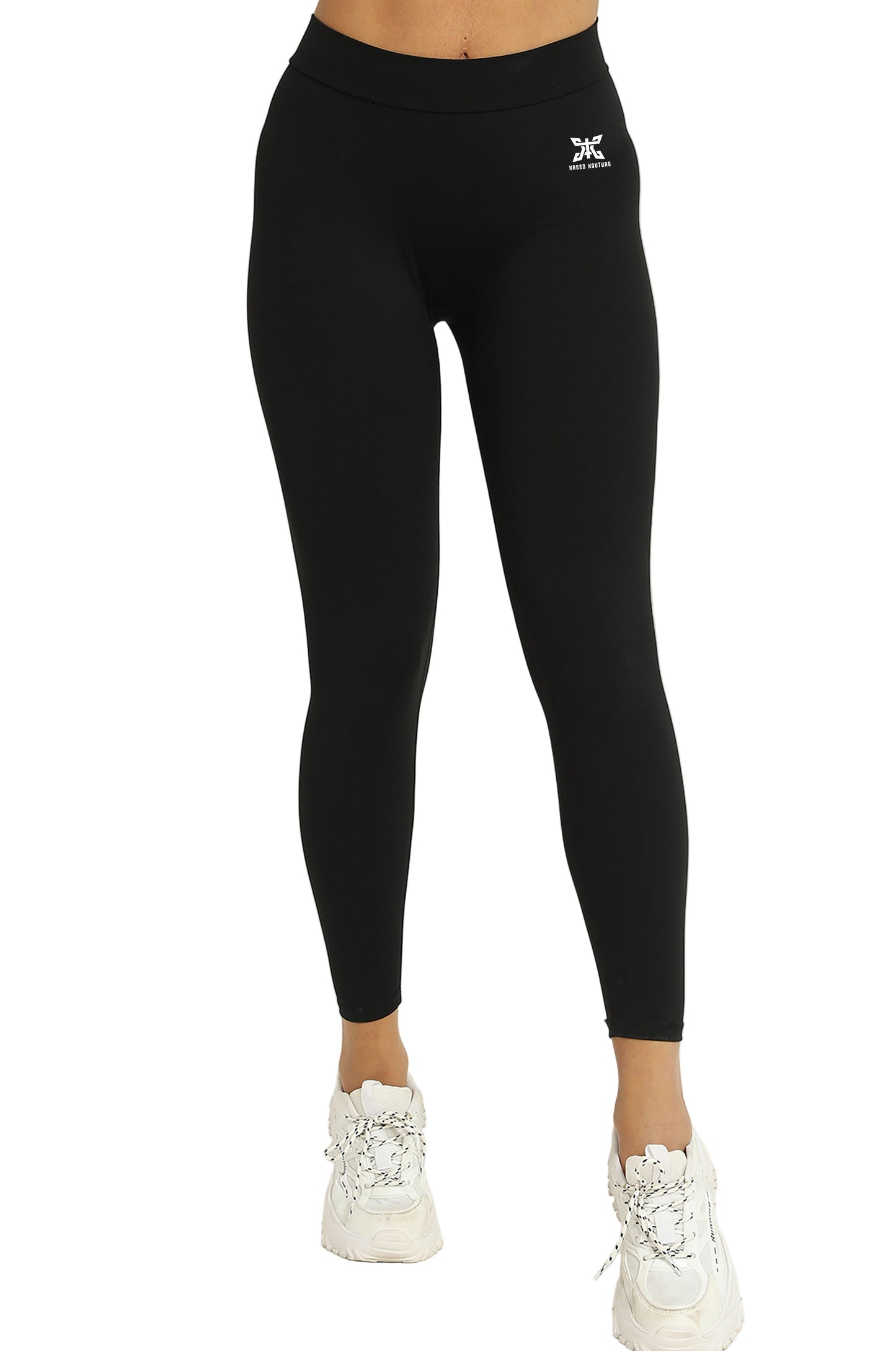 Black leggings with a logo on a white background