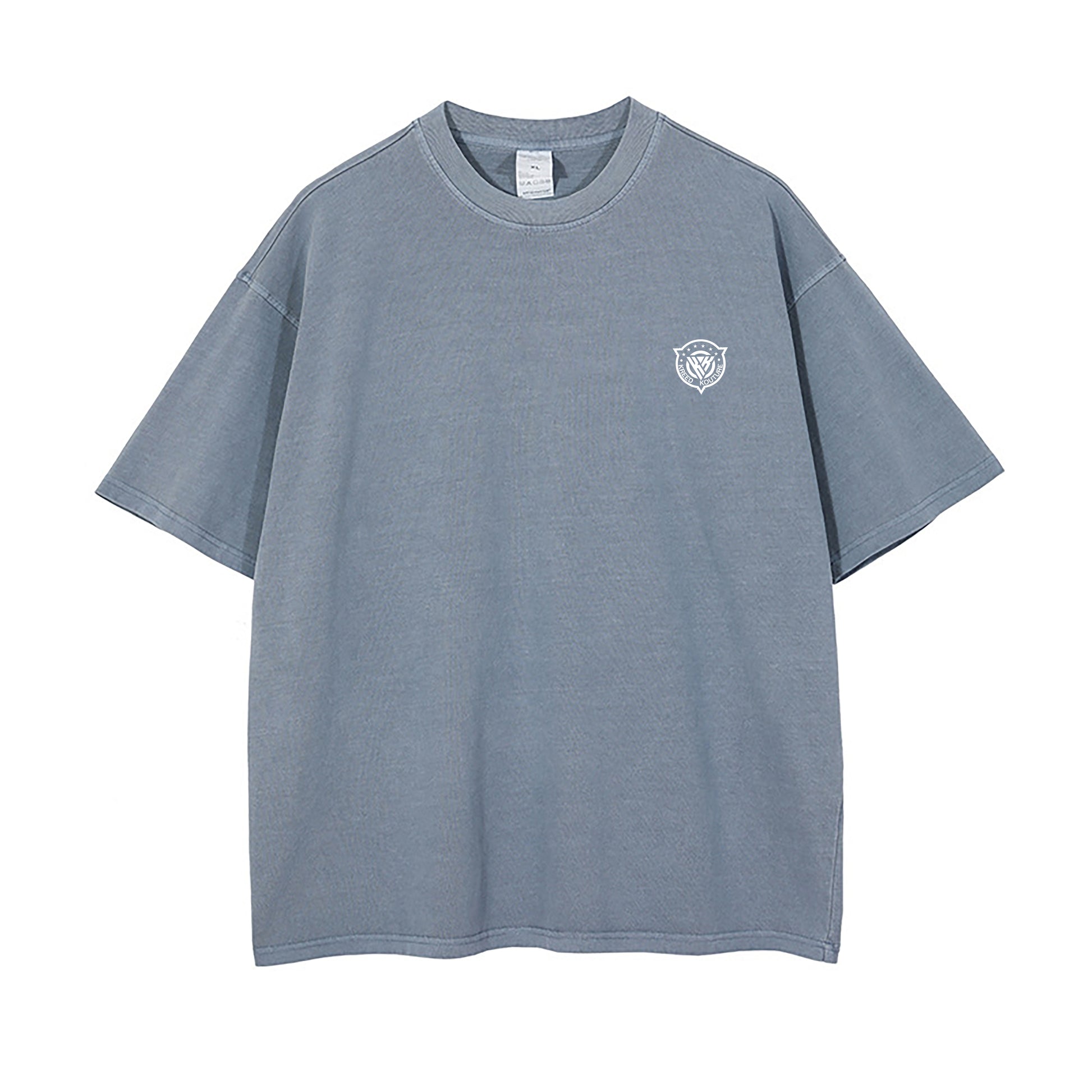 Blue t-shirt with a small logo on a white background