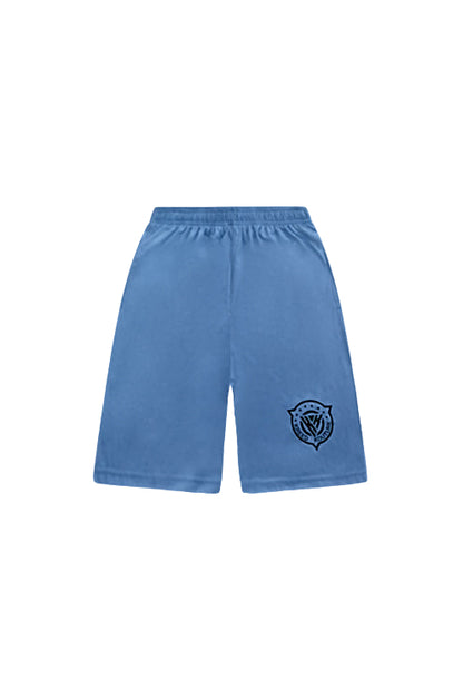 Blue shorts with a logo on a white background