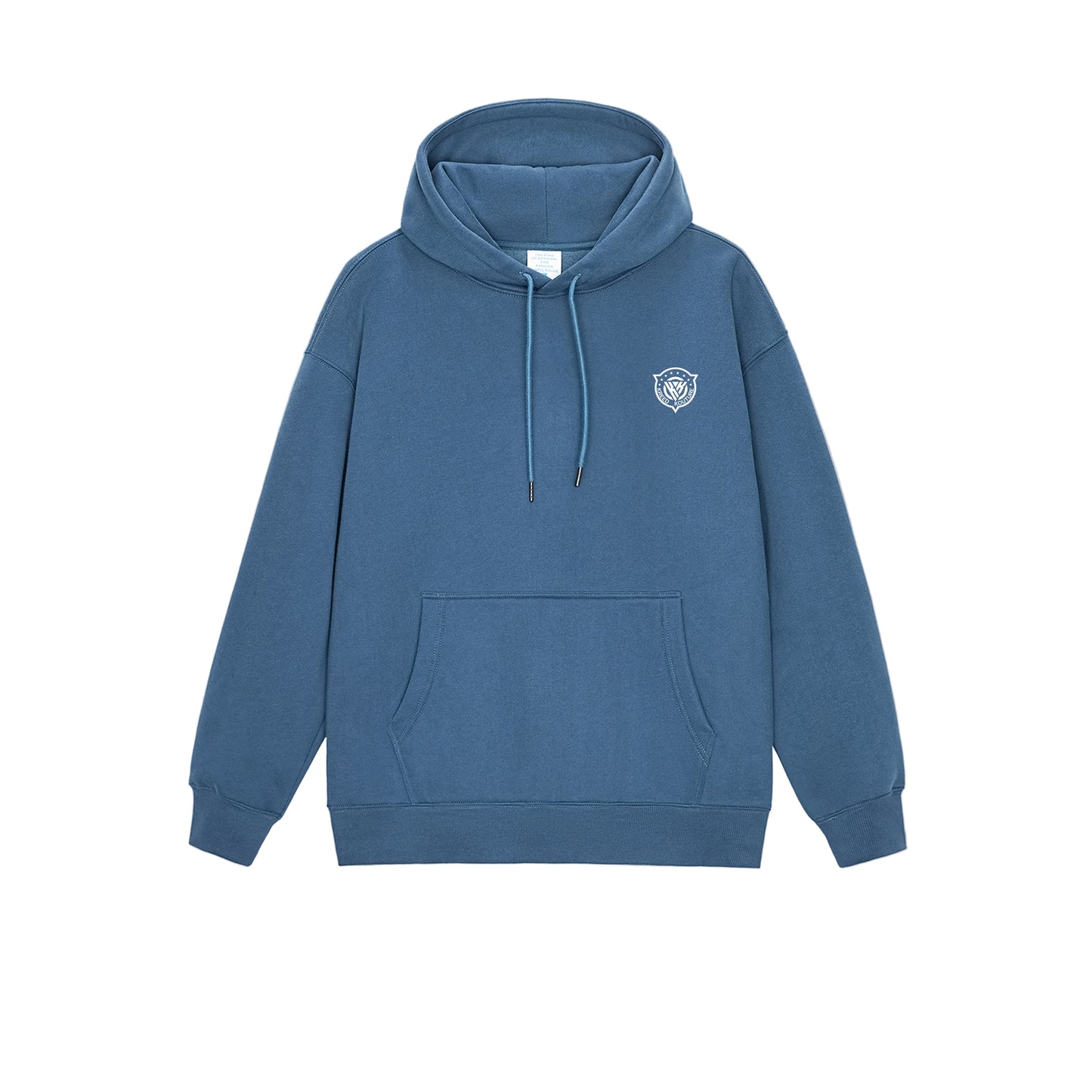 Blue hoodie with a small logo on a light gray background