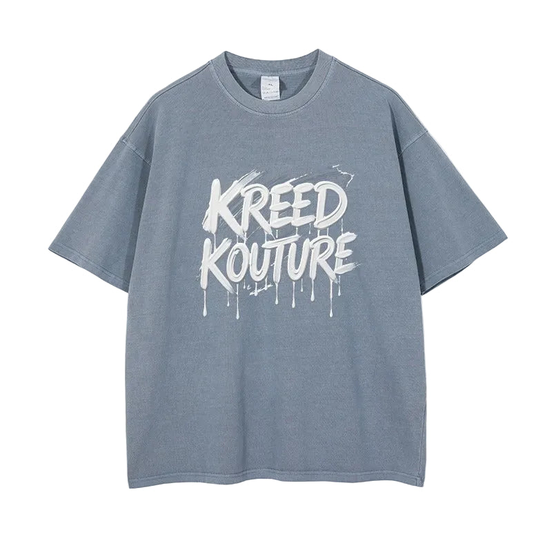Gray t-shirt with 'KREED KOUTURE' text on a white background