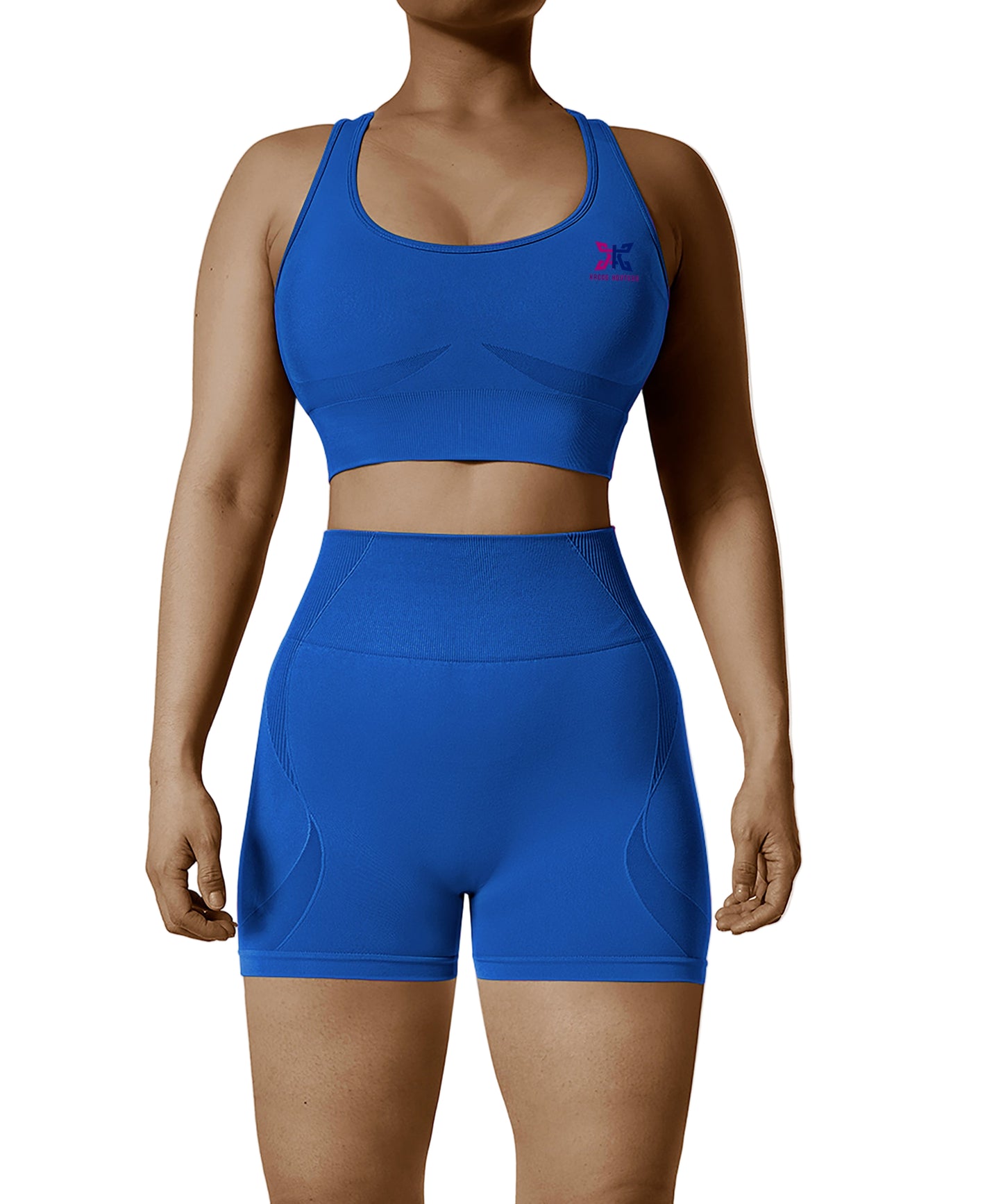 Person wearing a blue athletic outfit with a logo on a light gray background