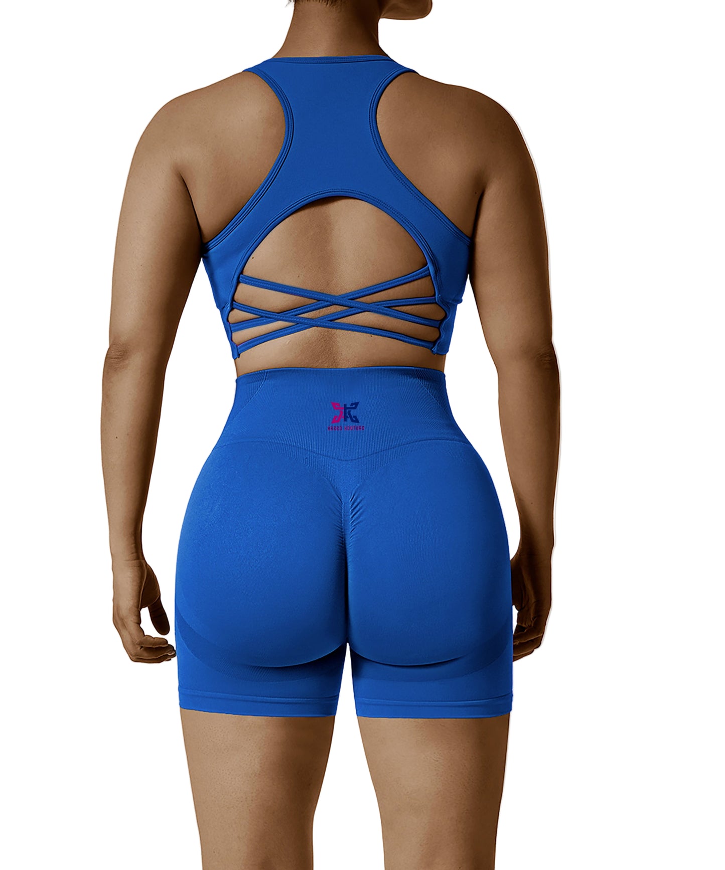 Blue athletic outfit with criss-cross back design on a plain background