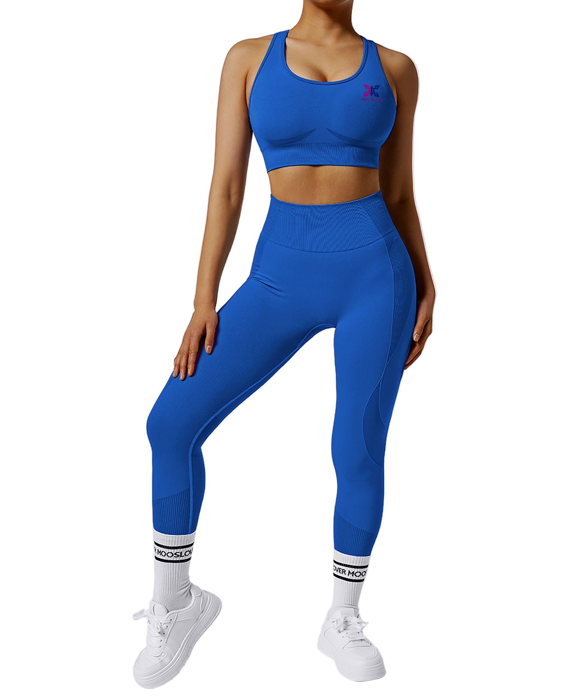 Person wearing a blue athletic outfit with a white background