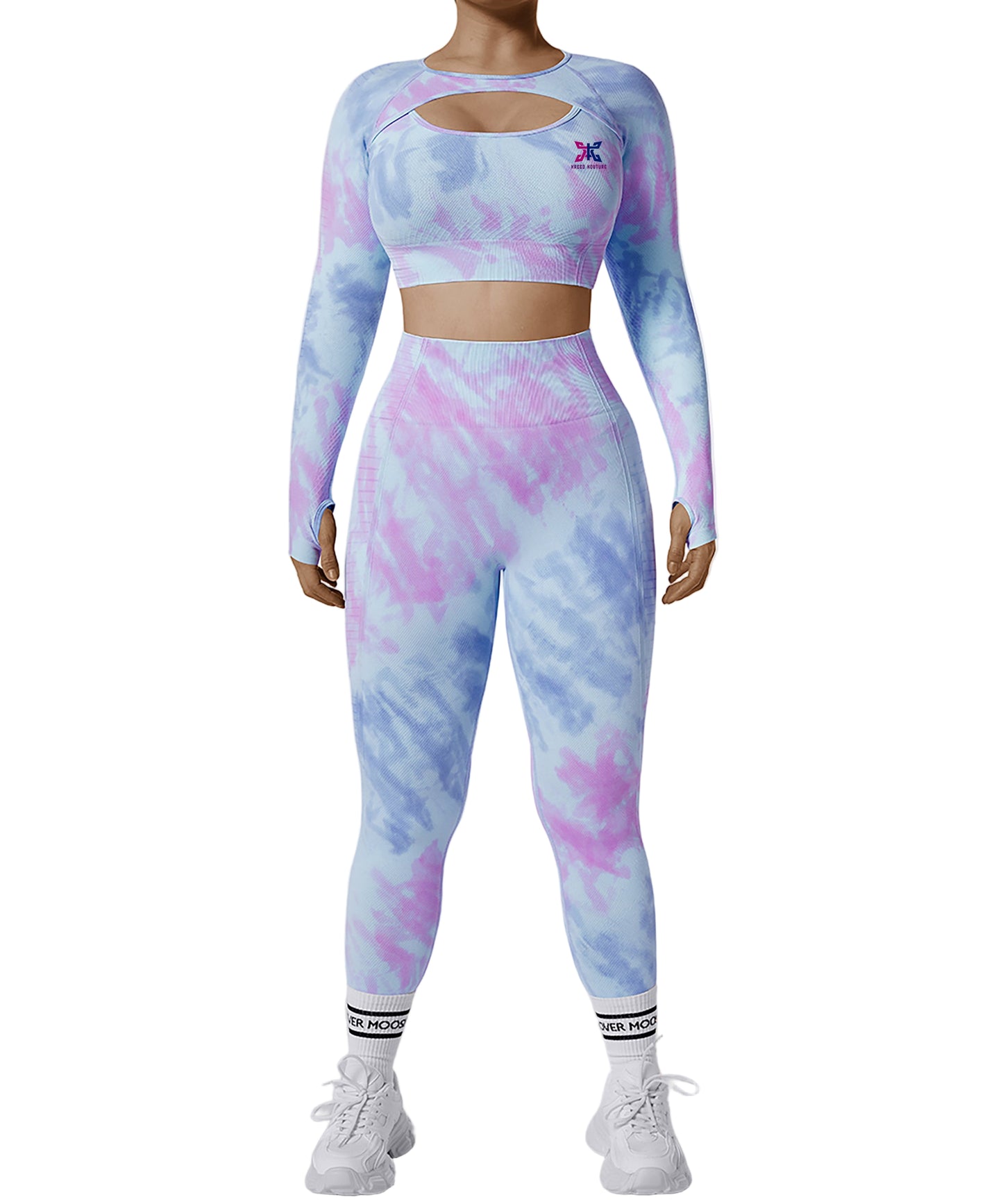 Person wearing a tie-dye long-sleeve top and leggings set on a white background