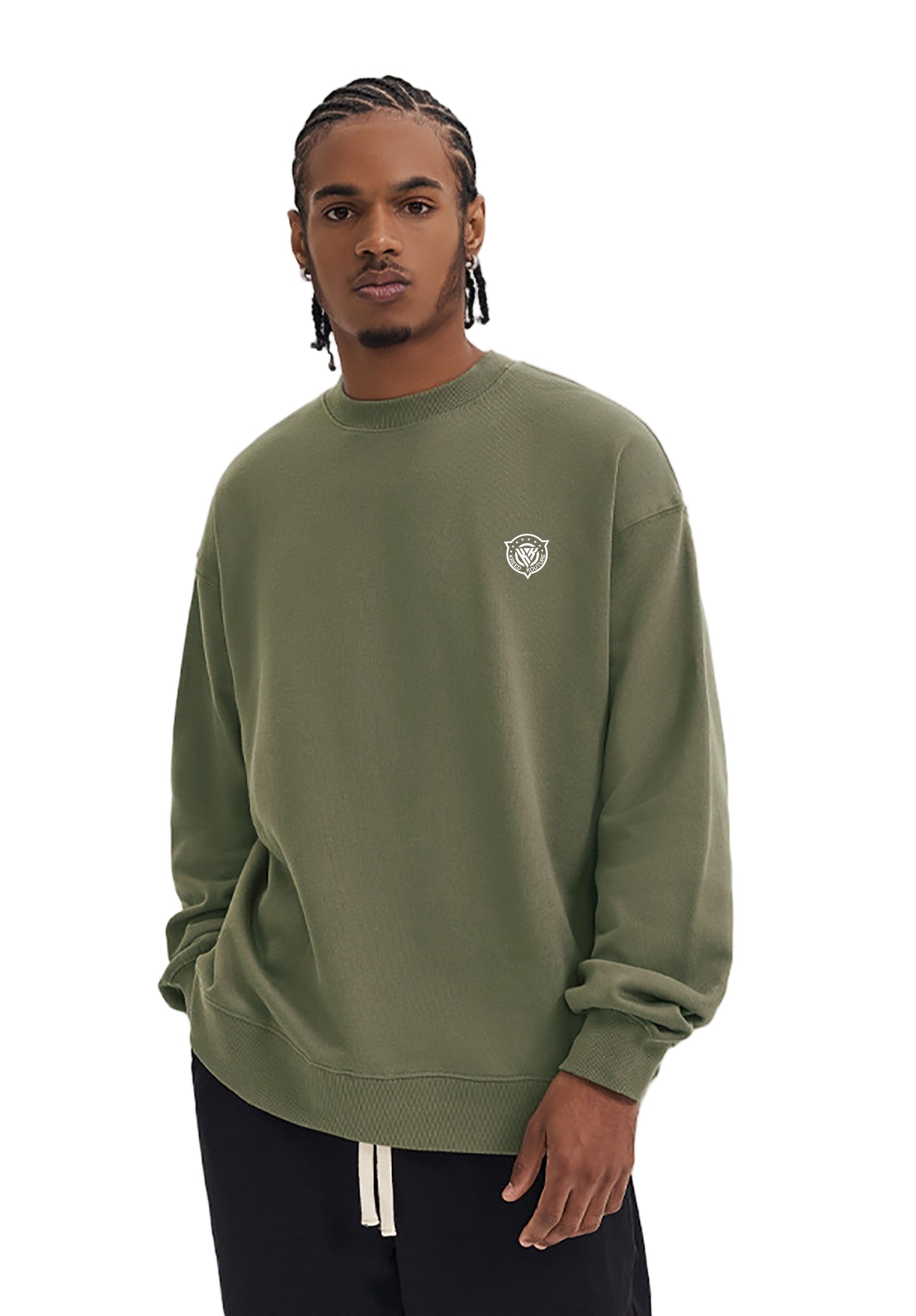 Man wearing a green sweatshirt with a logo on a white background