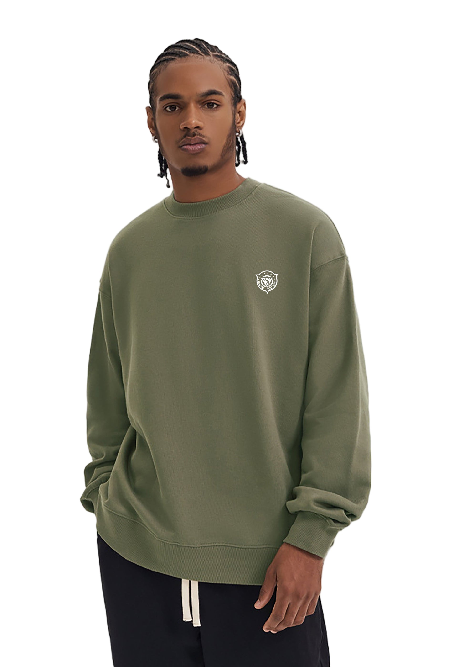 Man wearing a green sweatshirt with a logo on a white background