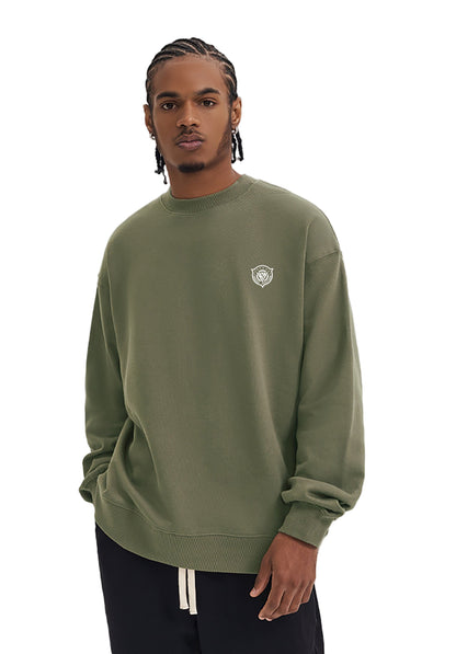 Man wearing a green sweatshirt with a logo on a white background