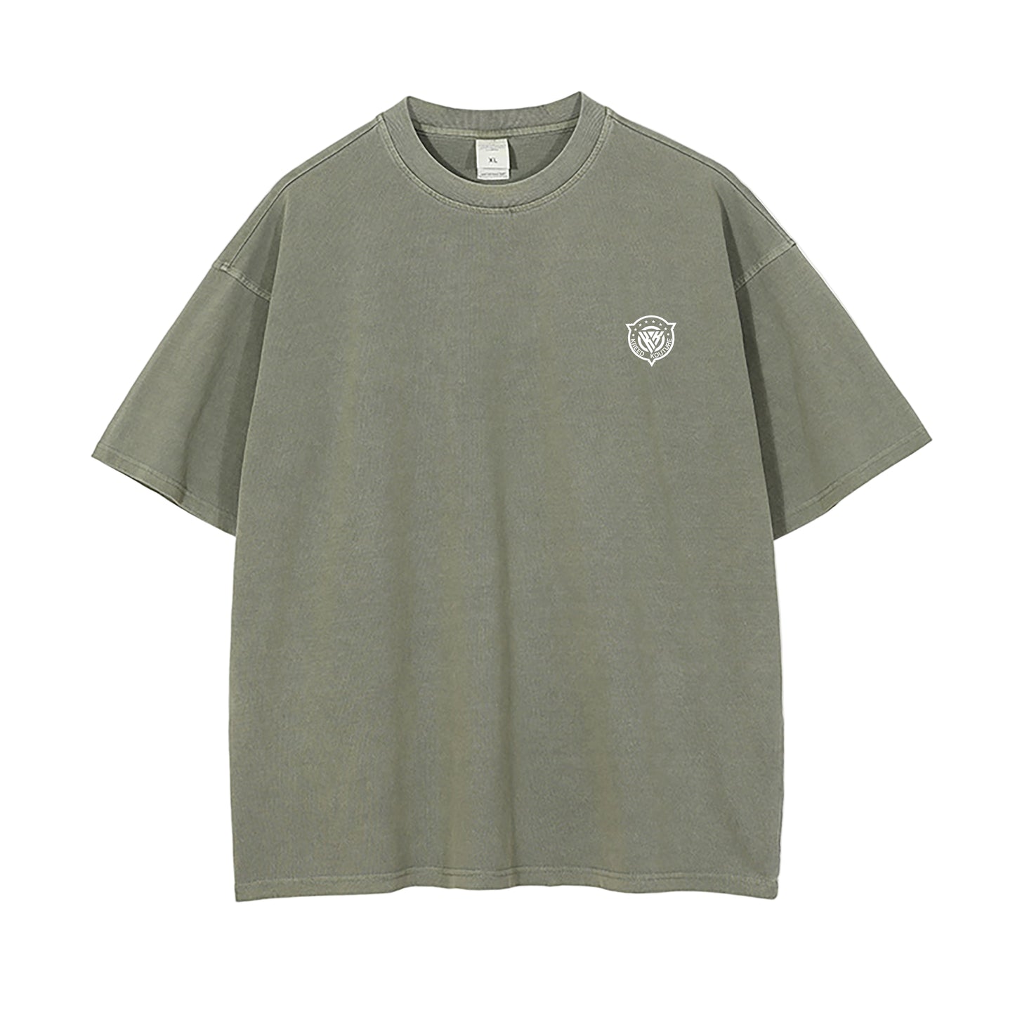 Green t-shirt with a small logo on a white background