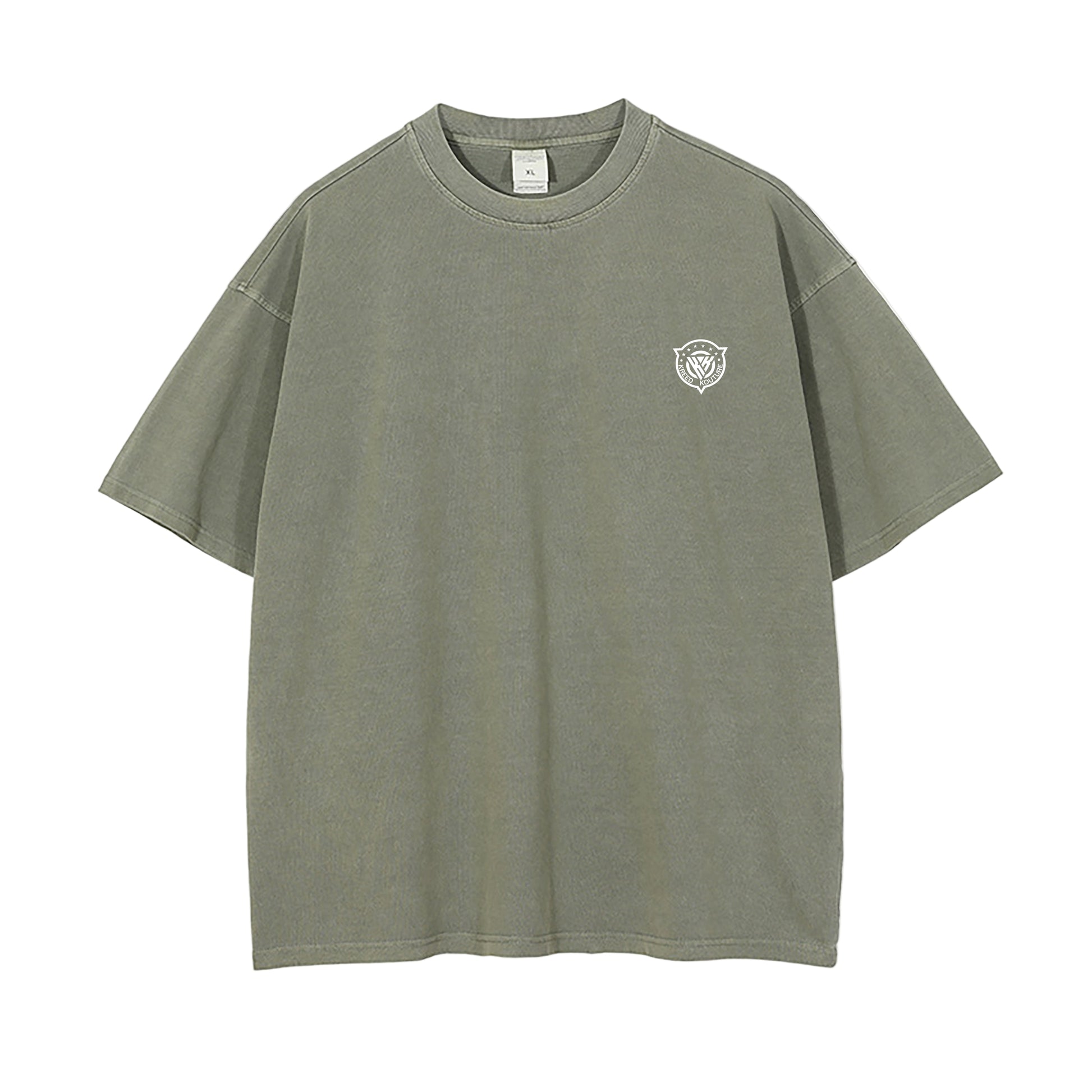 Green t-shirt with a small logo on a white background