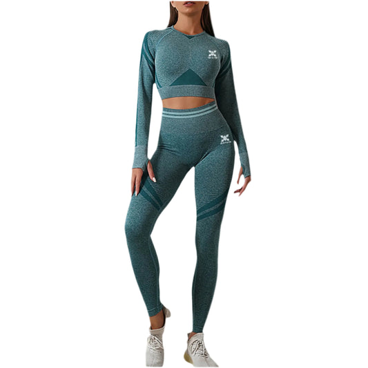 Woman wearing a teal athletic outfit with a logo on a white background