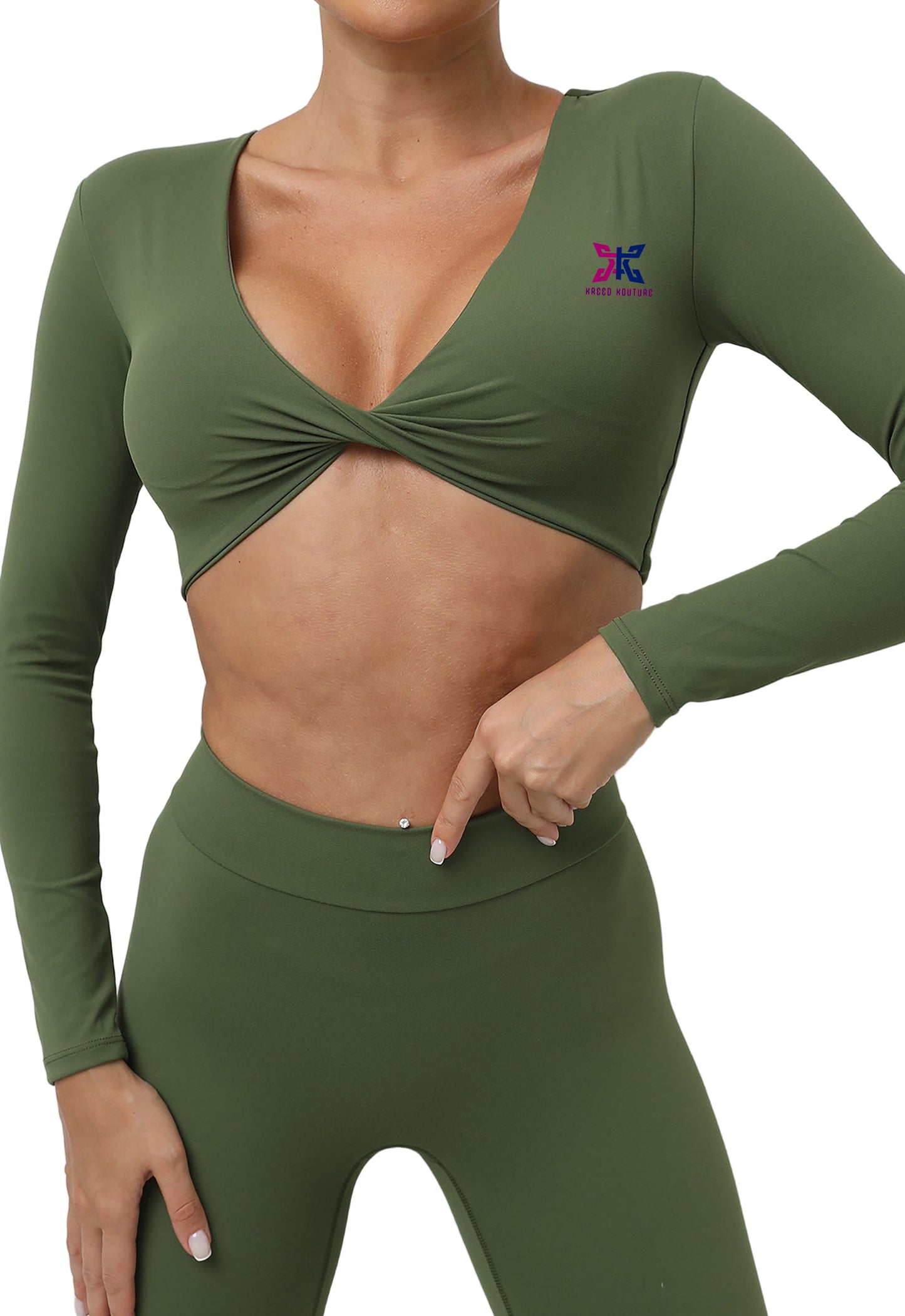 Person wearing a green athletic outfit with a brand logo on a white background