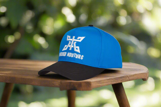 Blue and black cap with a logo on a white background