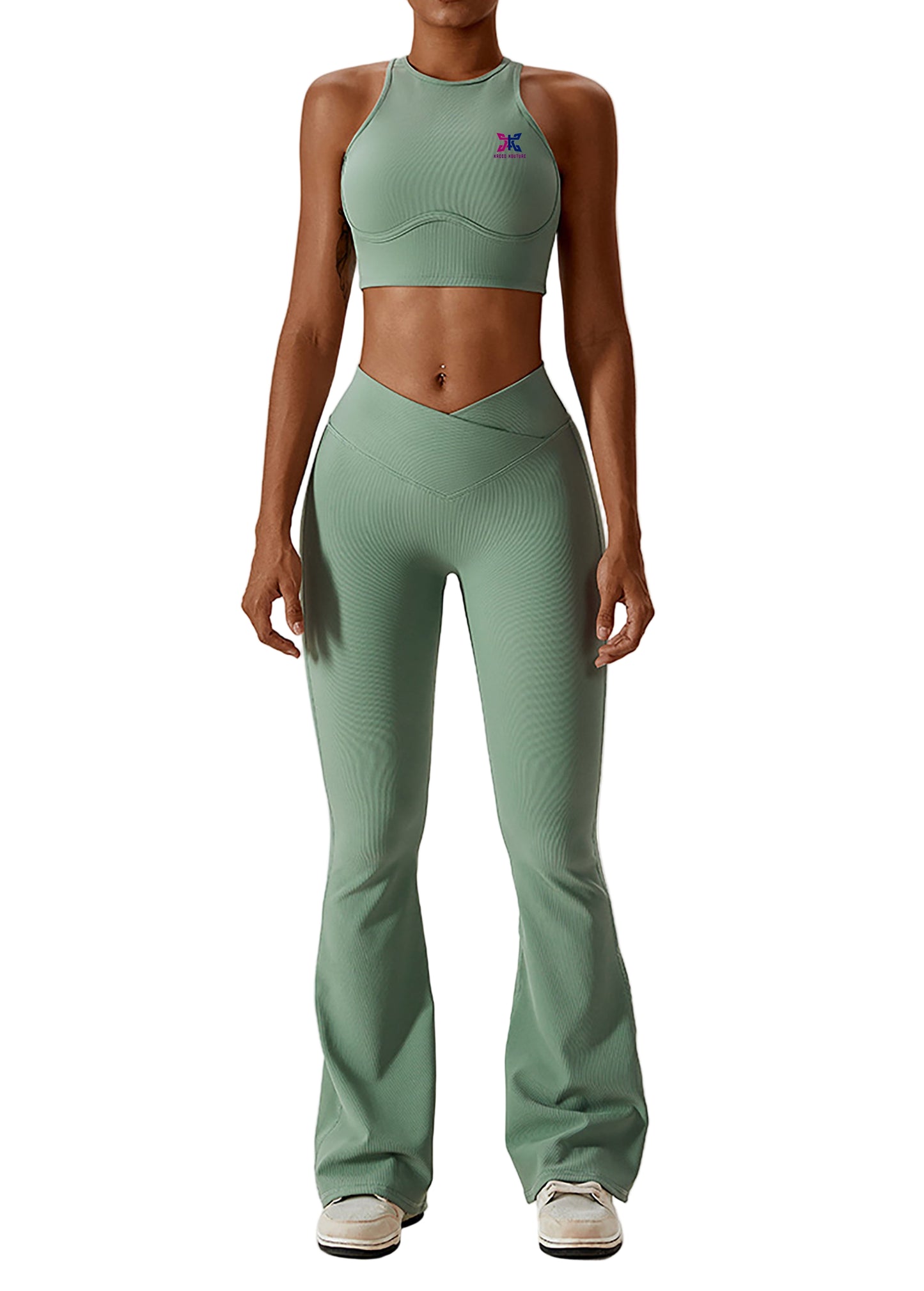 Person wearing a green athletic outfit on a white background