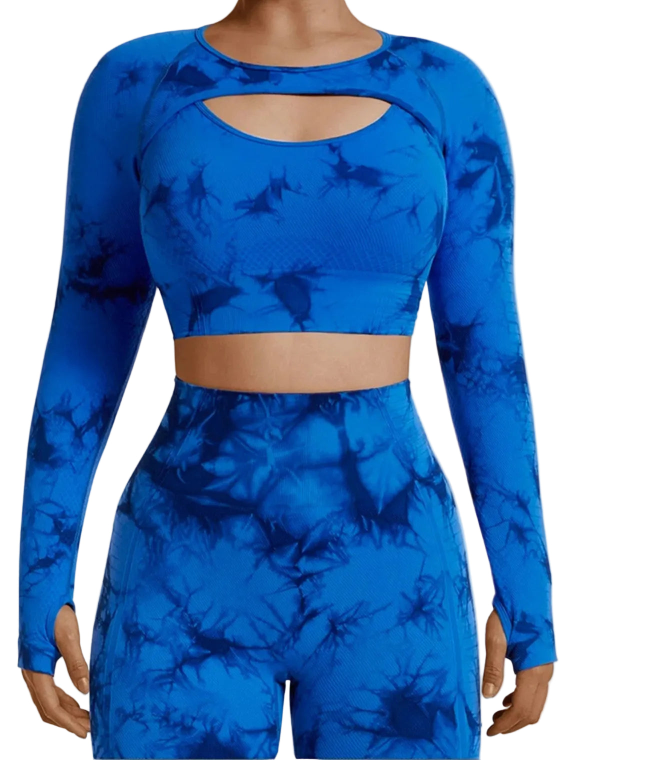 Blue patterned long-sleeve top and leggings set on a plain background