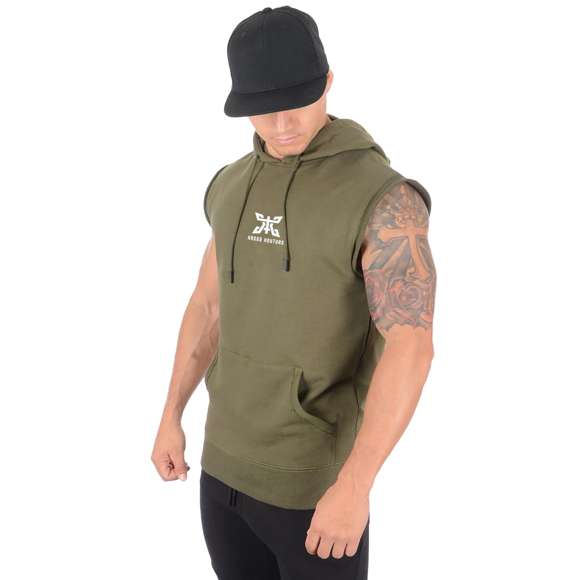 Man wearing a green sleeveless hoodie with a logo on a white background