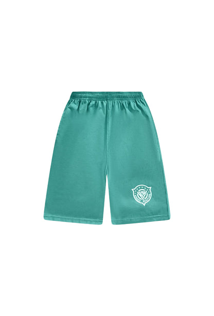 Teal shorts with a logo on a white background