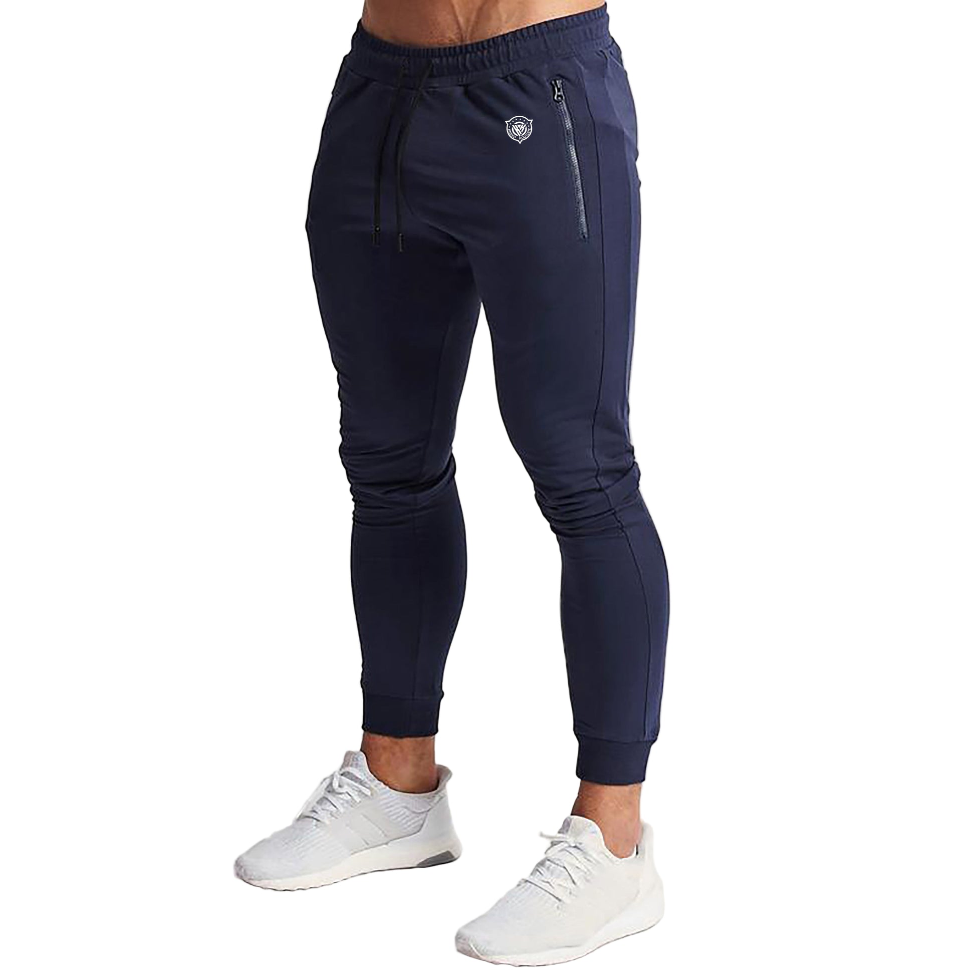 Navy jogger pants worn by a person on a white background
