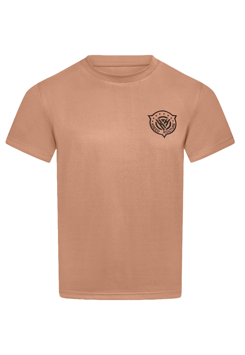 Brown t-shirt with a logo on the chest against a white background