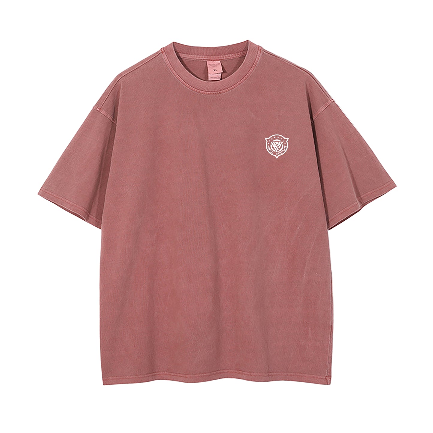 Pink t-shirt with a small logo on a white background