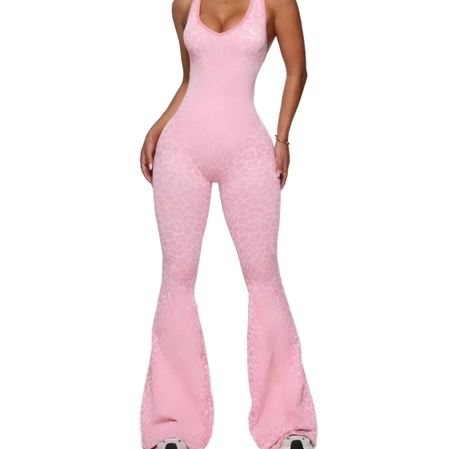 Pink flared jumpsuit on a white background