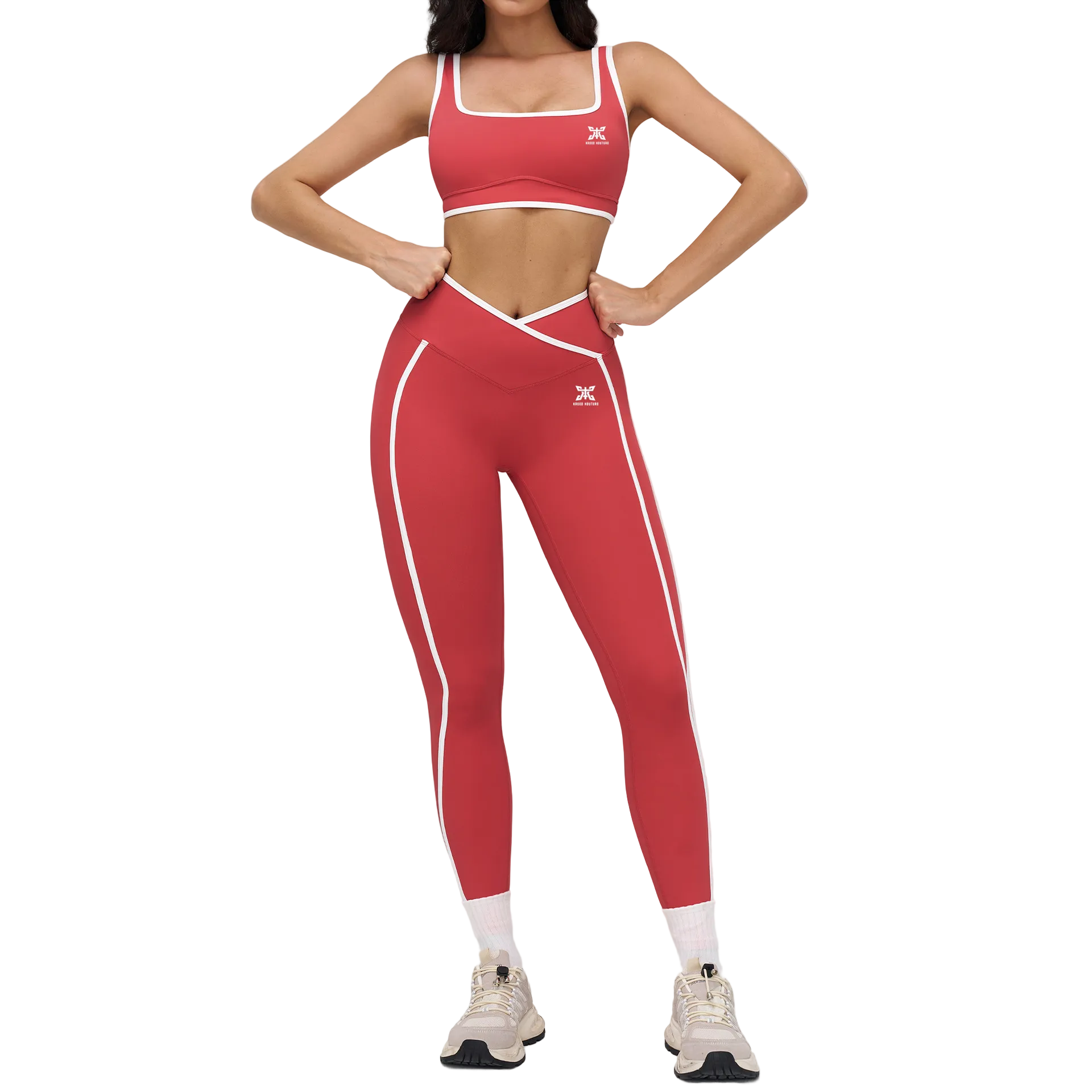 Person wearing a red athletic outfit with white stripes on a light gray background