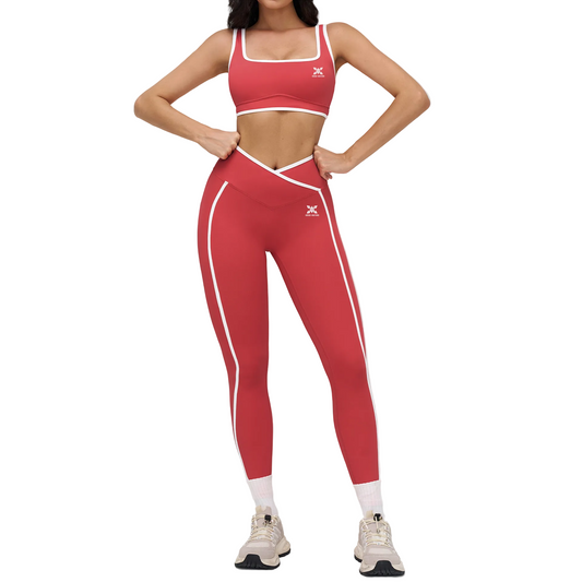 Person wearing a red athletic outfit with white stripes on a light gray background