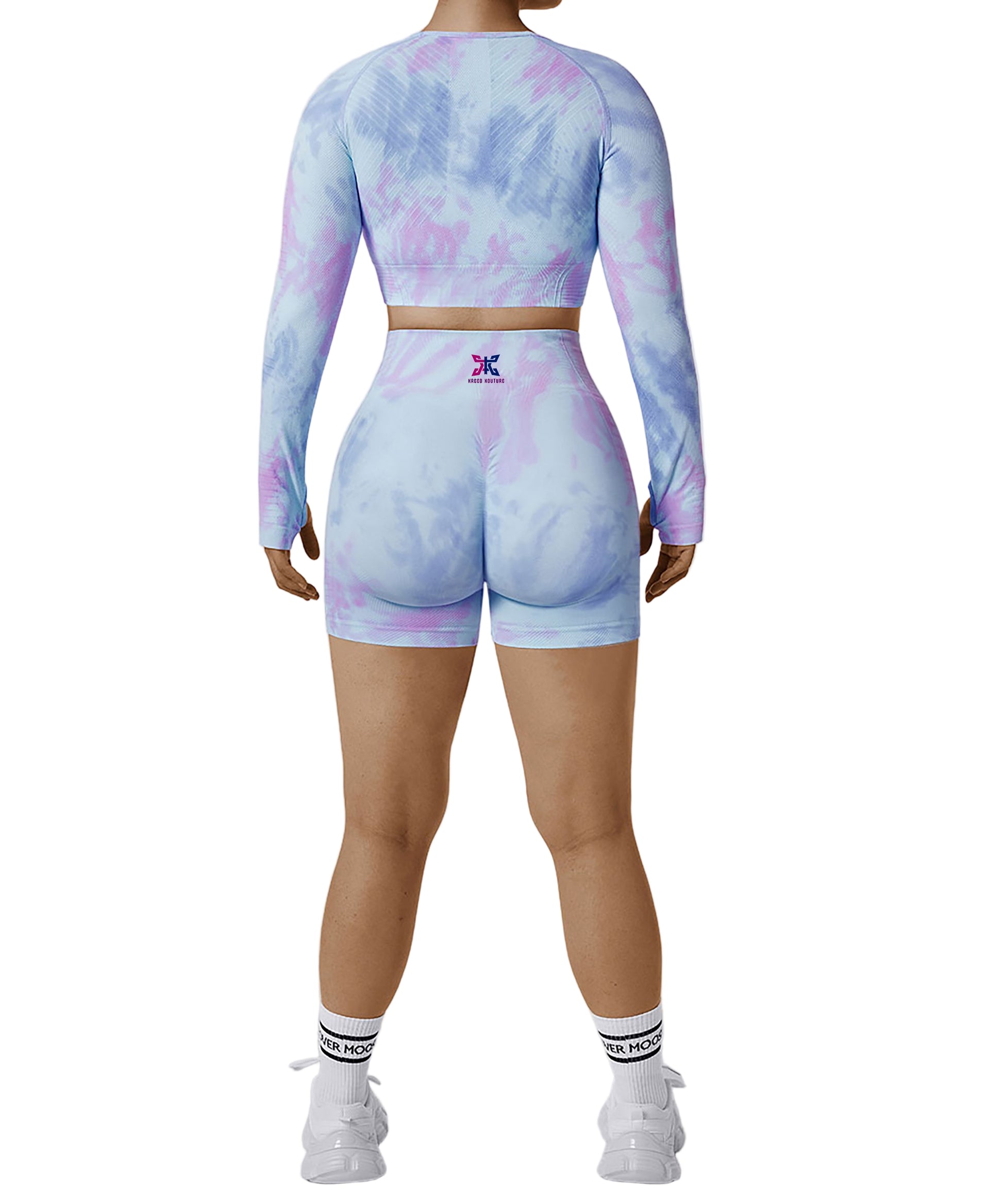 Person wearing a tie-dye athletic outfit on a white background