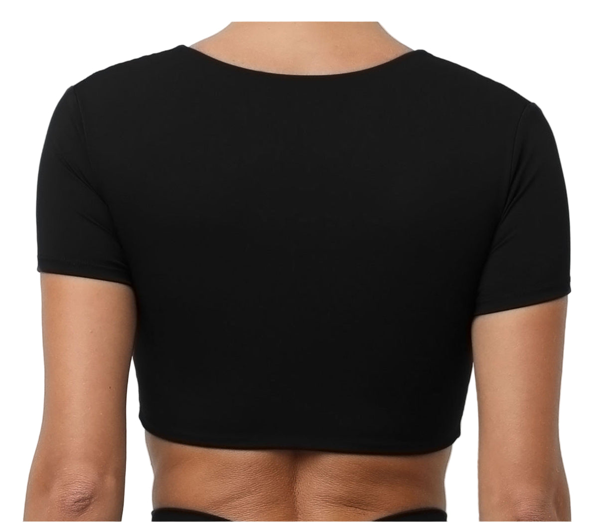 Black crop top worn by a person on a white background