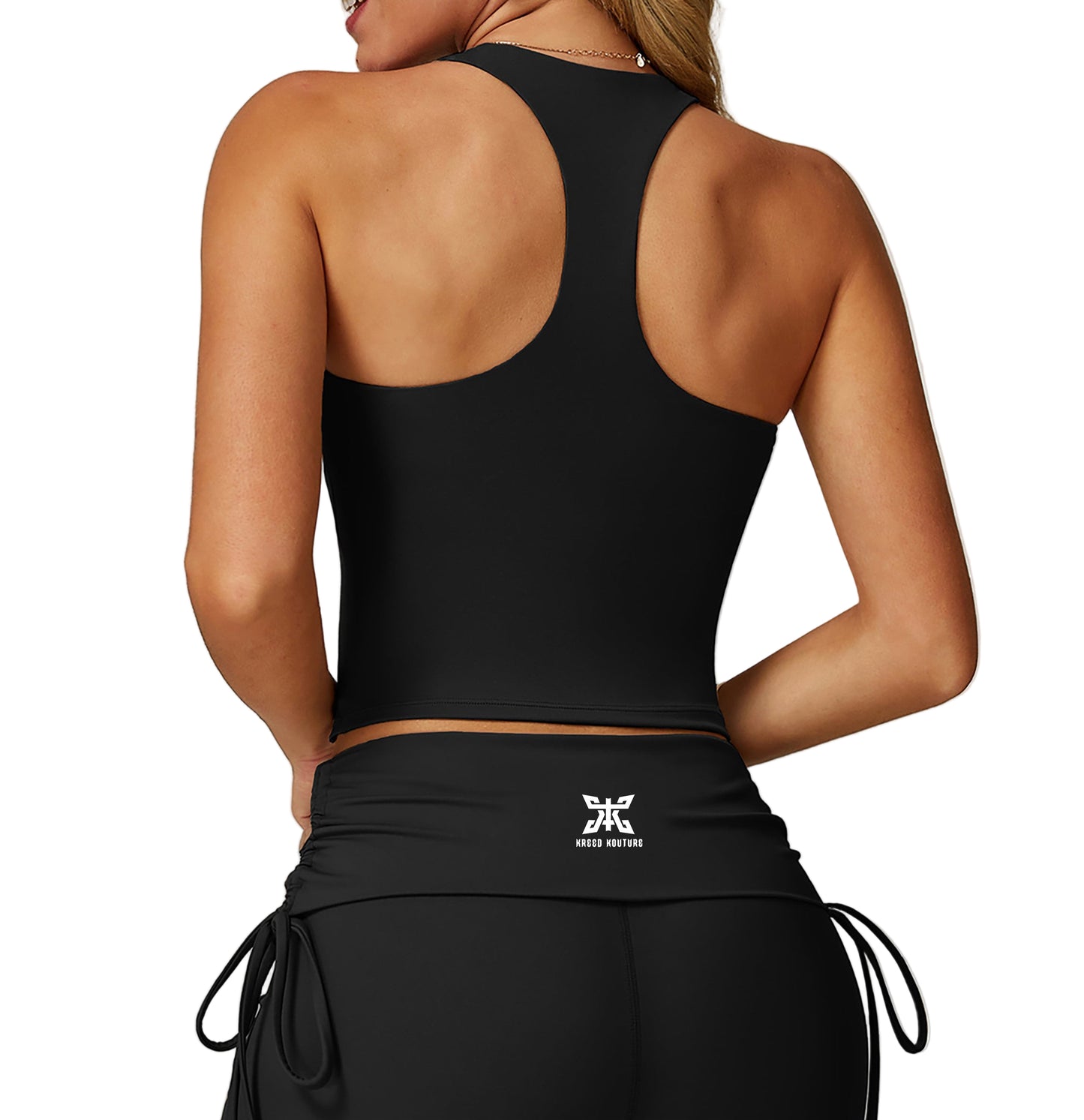 Black athletic top with a logo on a plain background