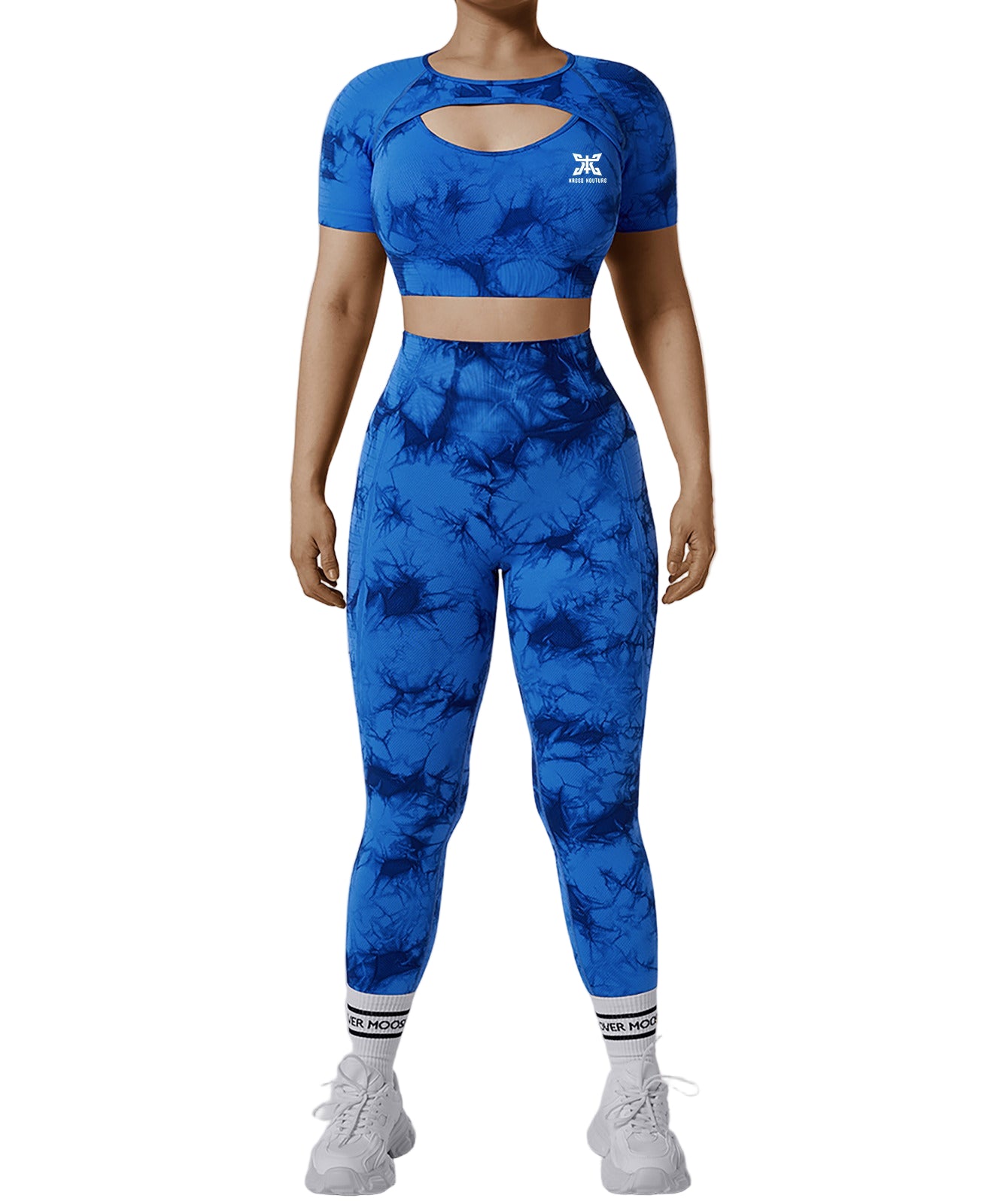 Person wearing a blue tie-dye athletic outfit with a logo on a white background