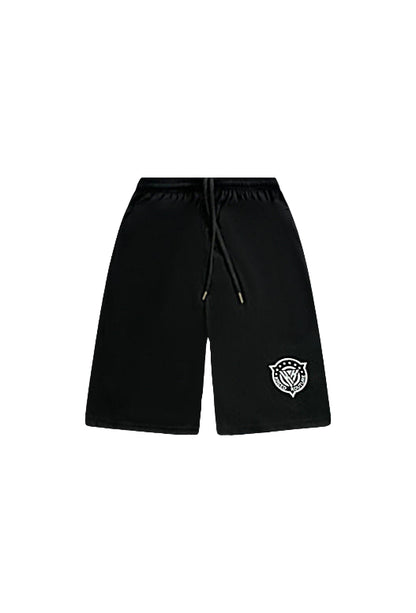 Black shorts with a white logo on a white background