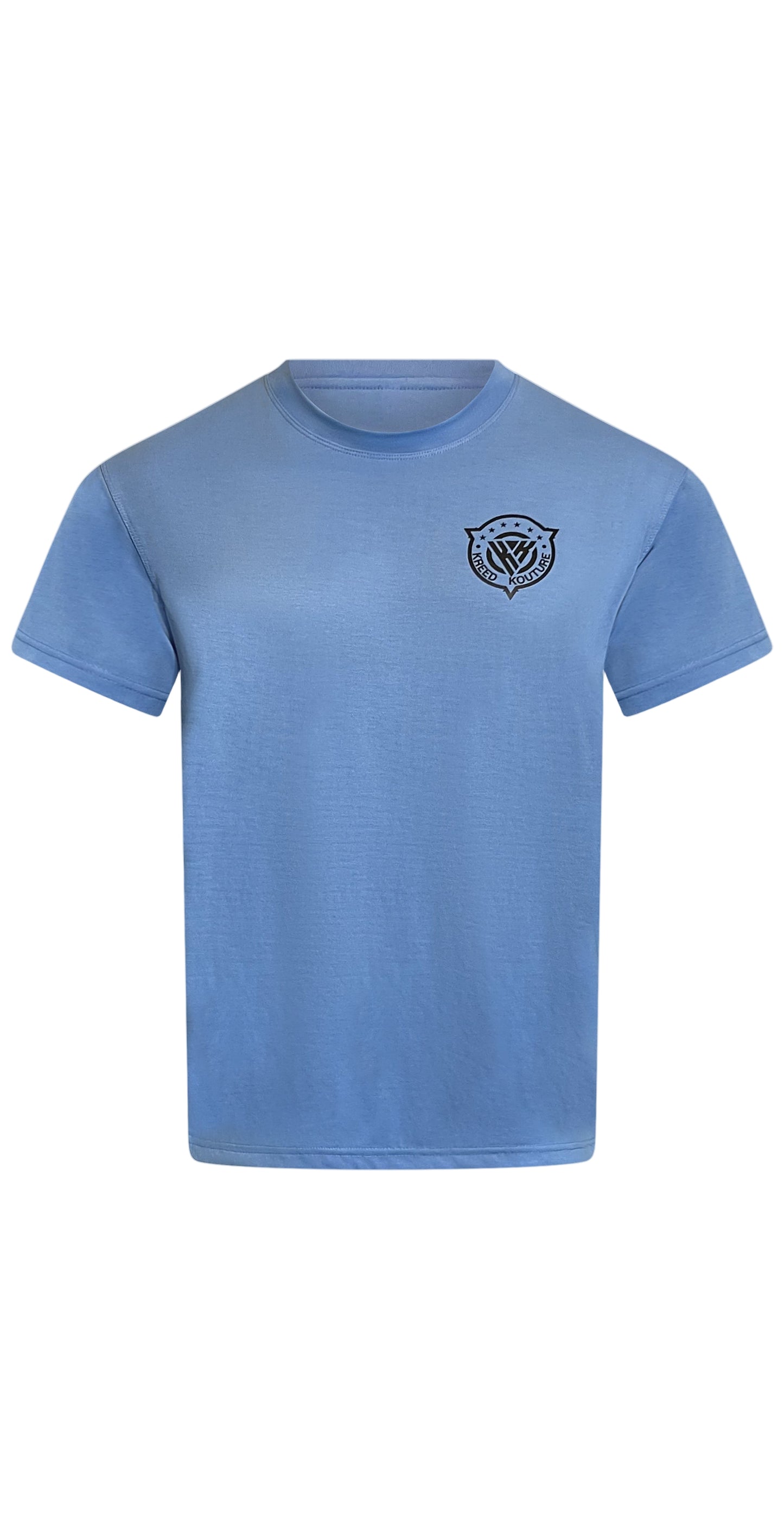 Blue t-shirt with a logo on the chest against a white background